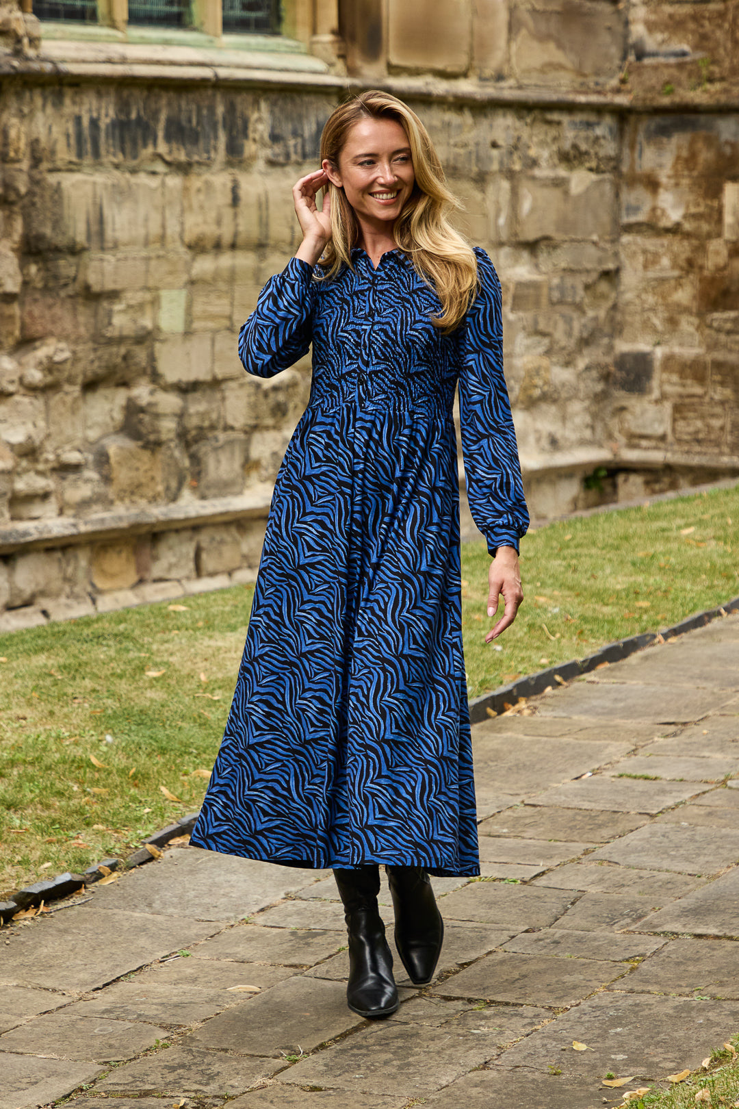 Zebra Print Soft Touch Shirred Bodice Button-Up Midi Dress