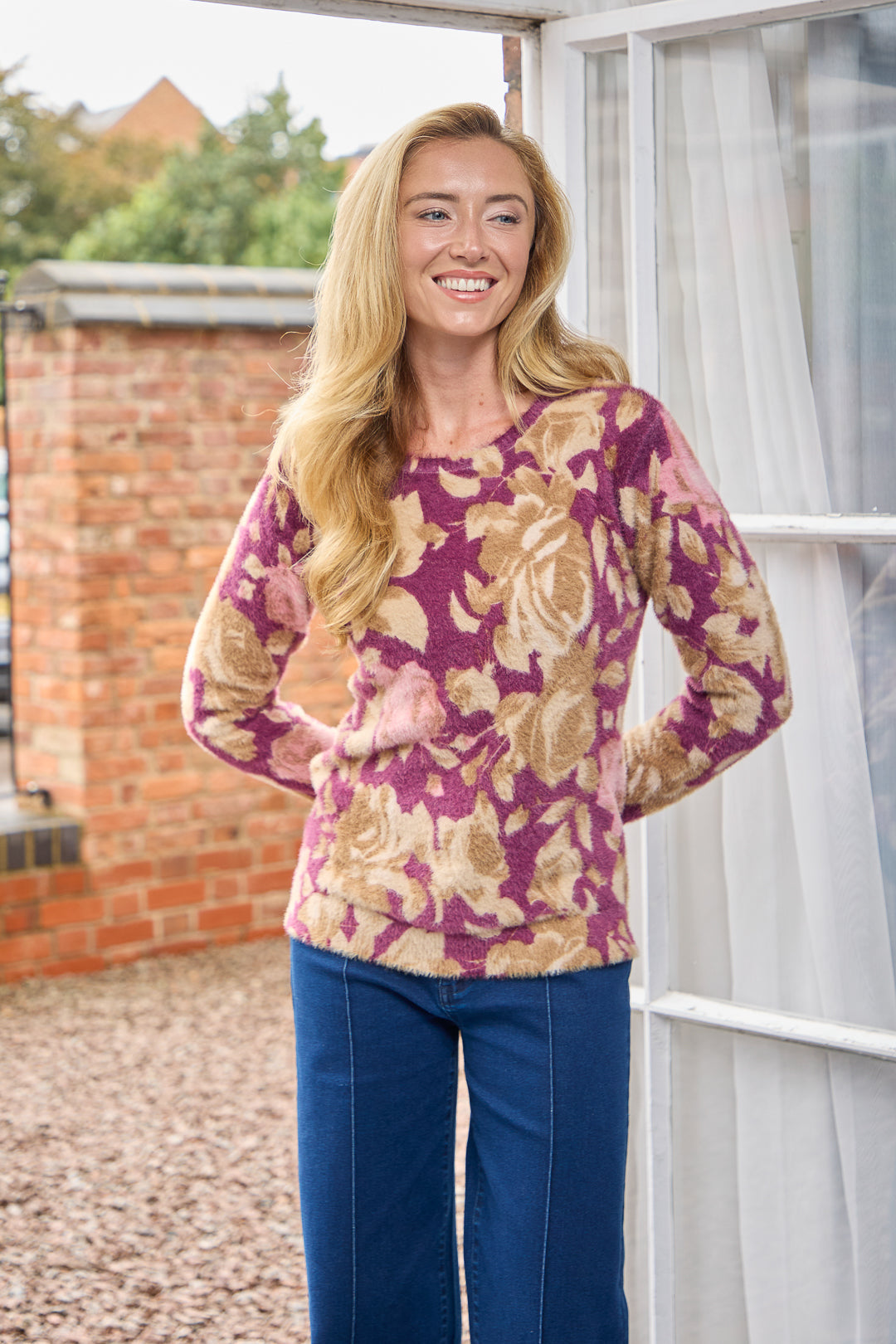 Rose Print Fluffy Yarn Jumper