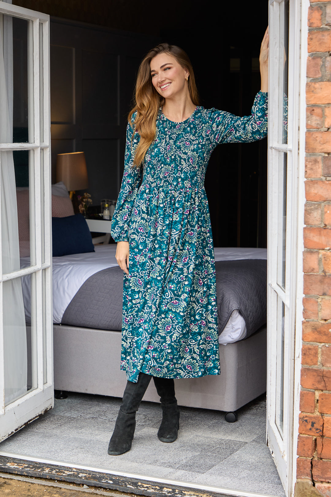 Floral Print Shirred Soft Touch Bodice Dress