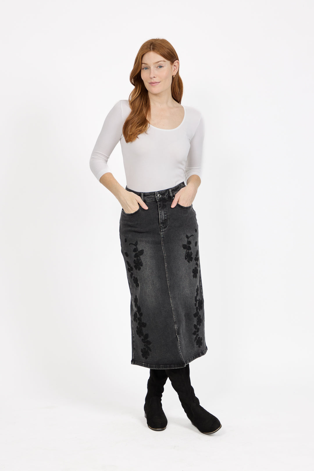 Embroidered Floral Washed Black Denim Midi Skirt