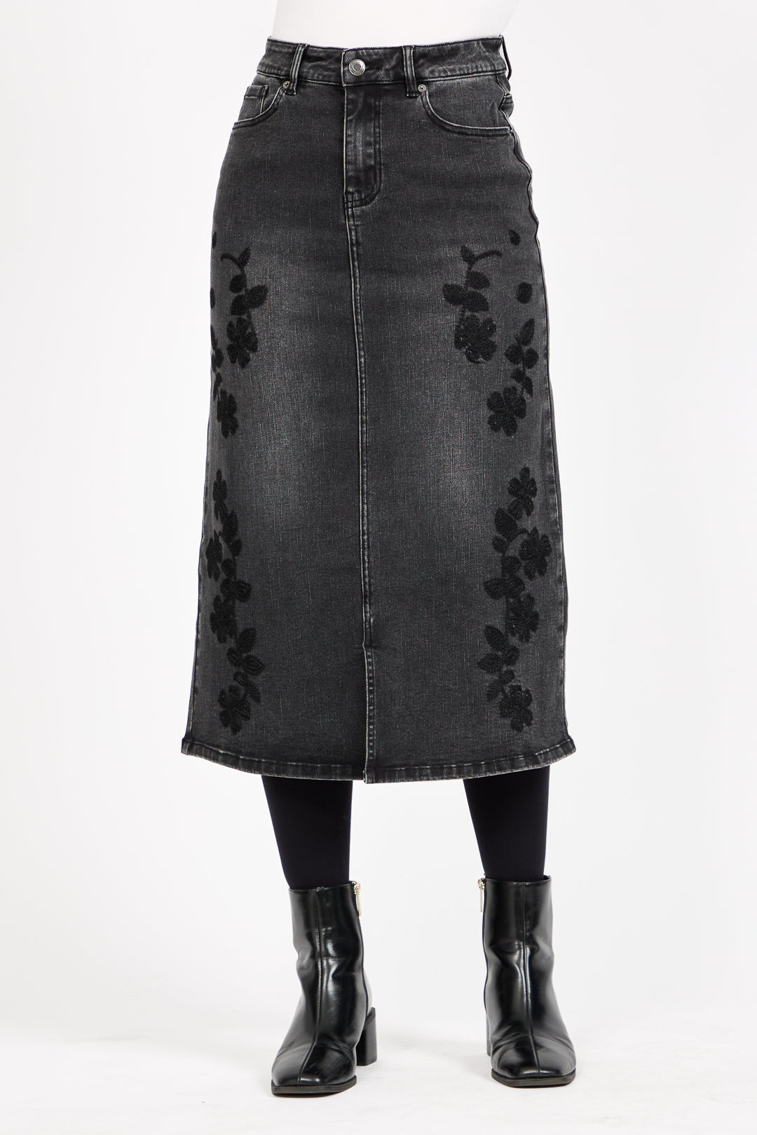 Embroidered Floral Washed Black Denim Midi Skirt