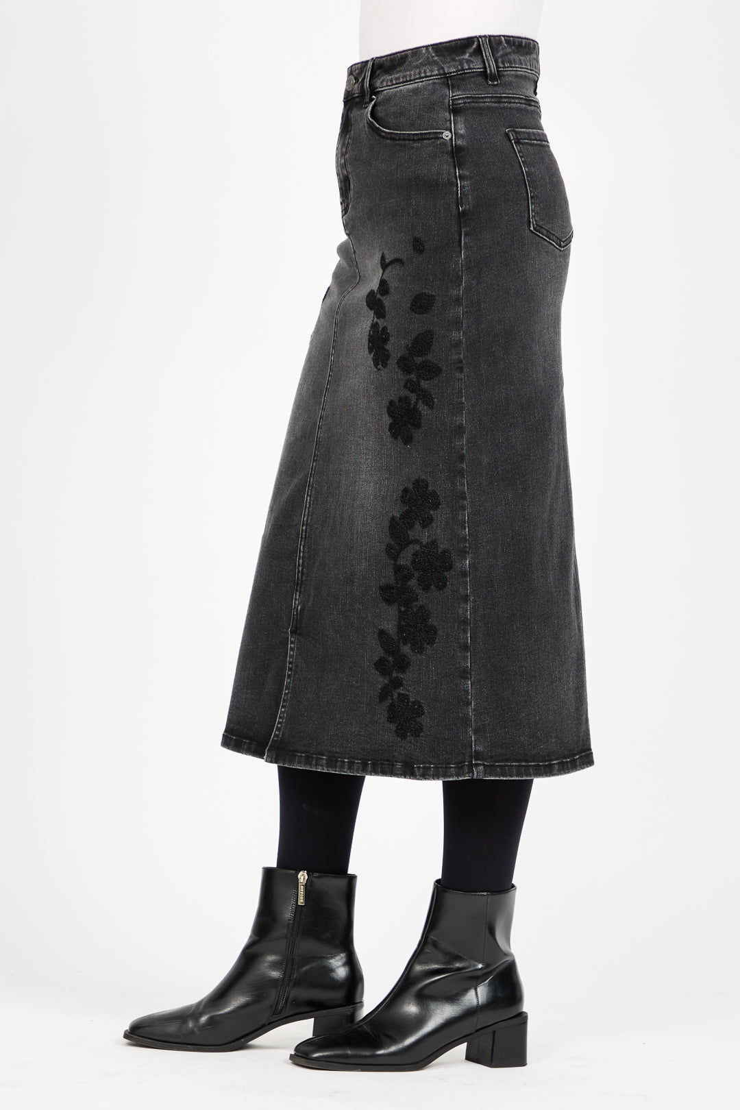 Embroidered Floral Washed Black Denim Midi Skirt
