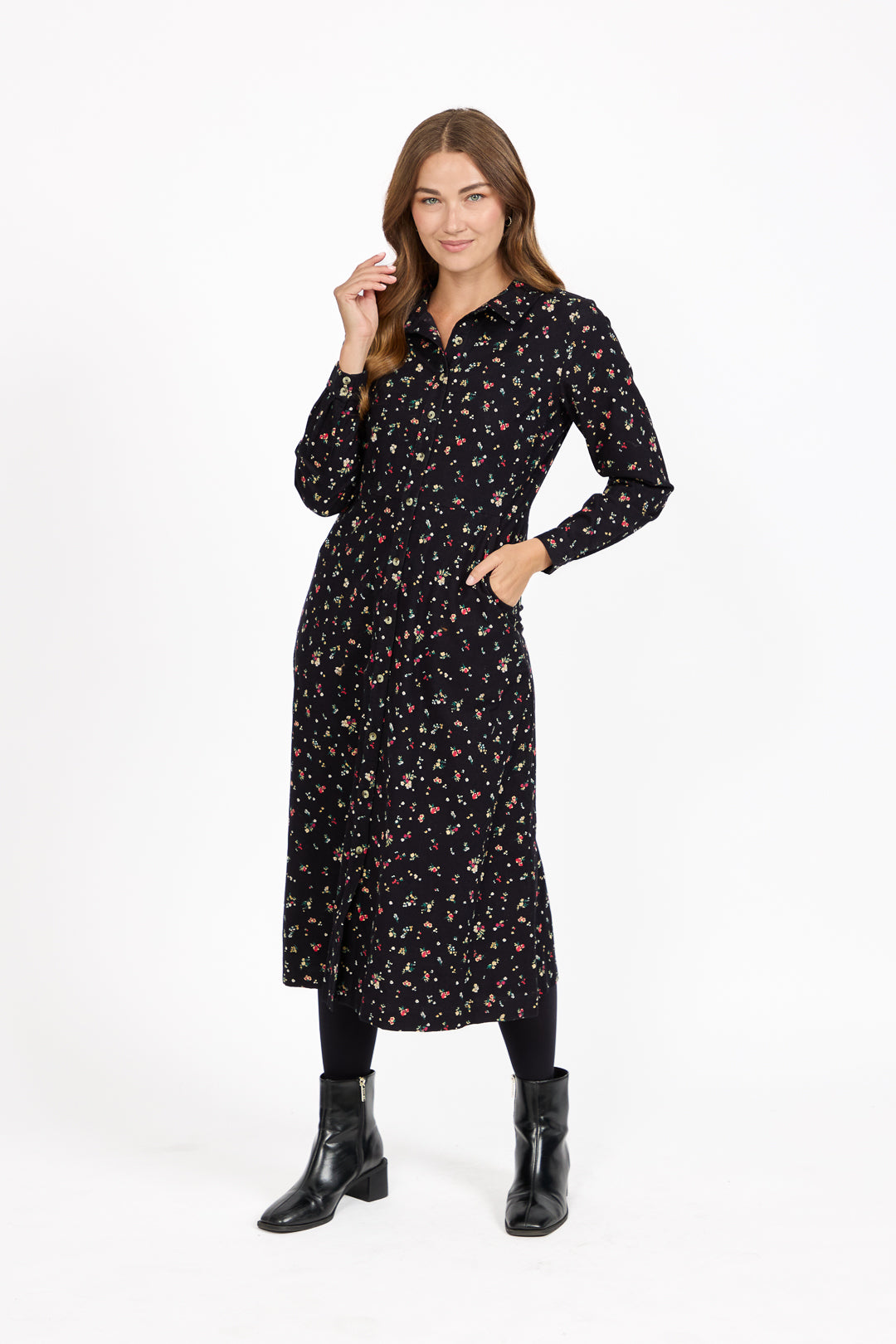 Floral Print Corduroy Collared Full Sleeve Dress