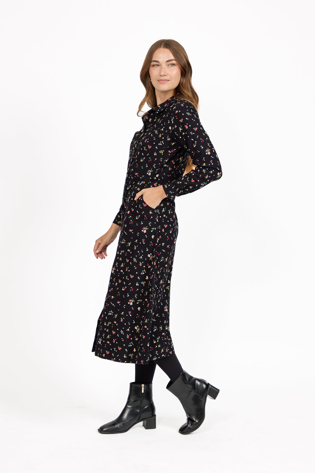 Floral Print Corduroy Collared Full Sleeve Dress