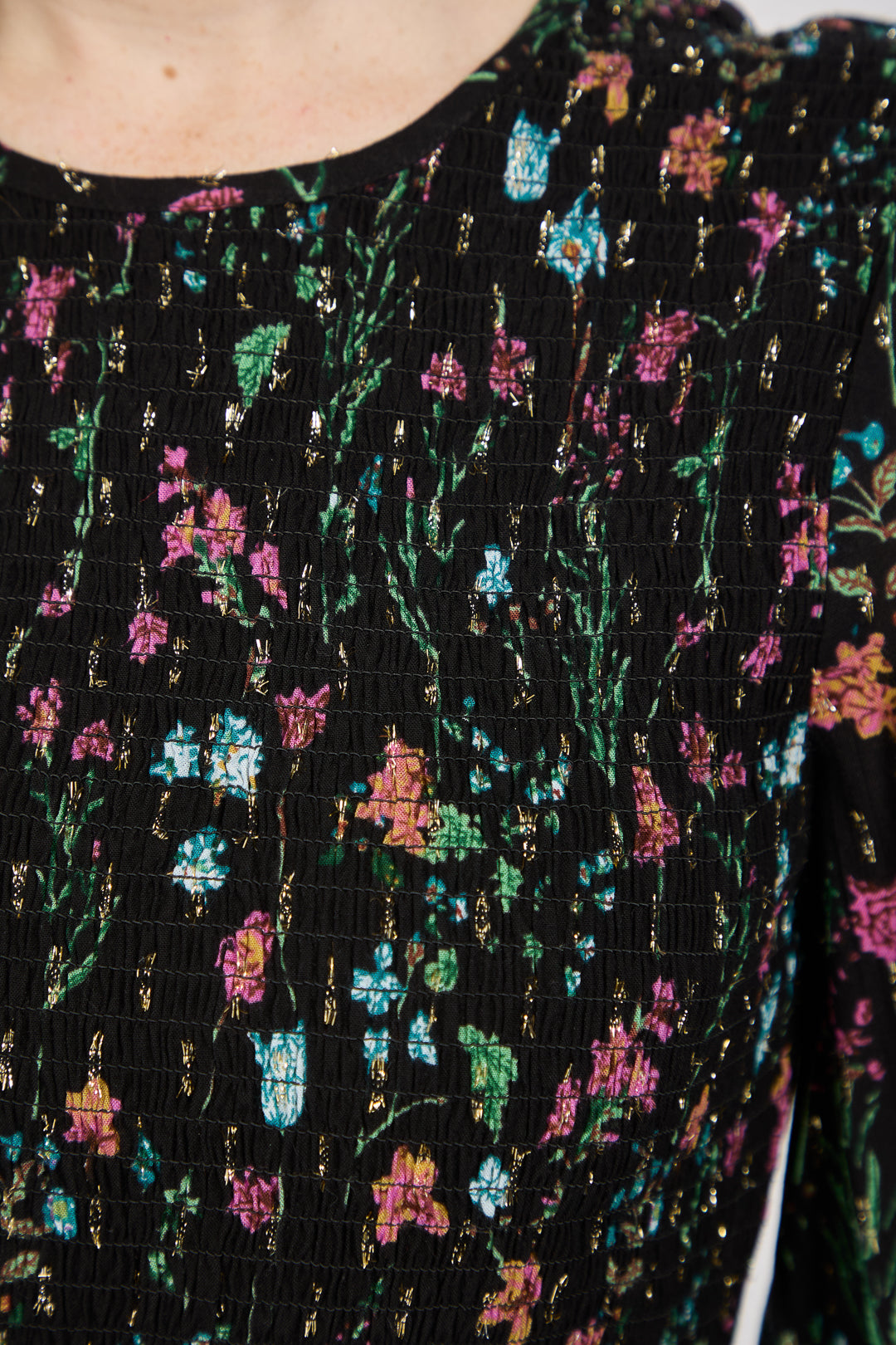 Floral Print Lurex Full Sleeve Midi Dress