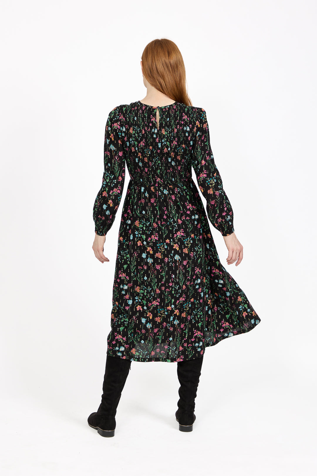 Floral Print Lurex Full Sleeve Midi Dress