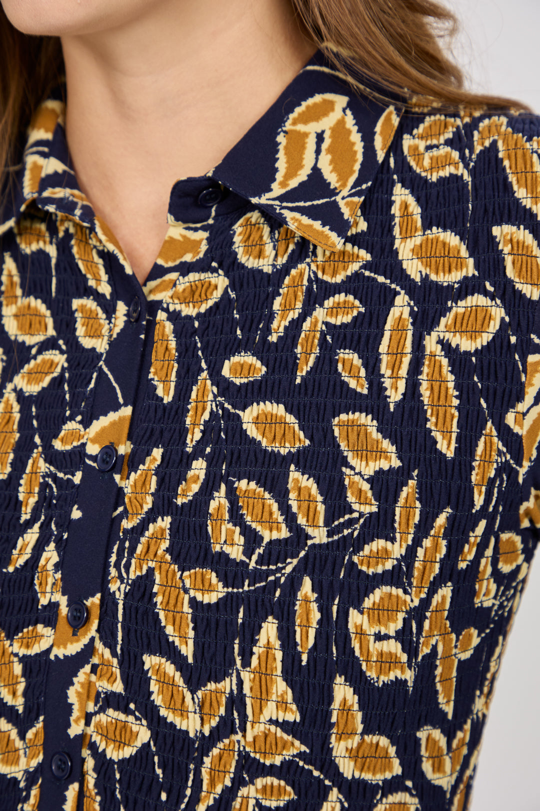 Leaf Print Soft Touch Shirred Bodice Button-Up Midi Dress