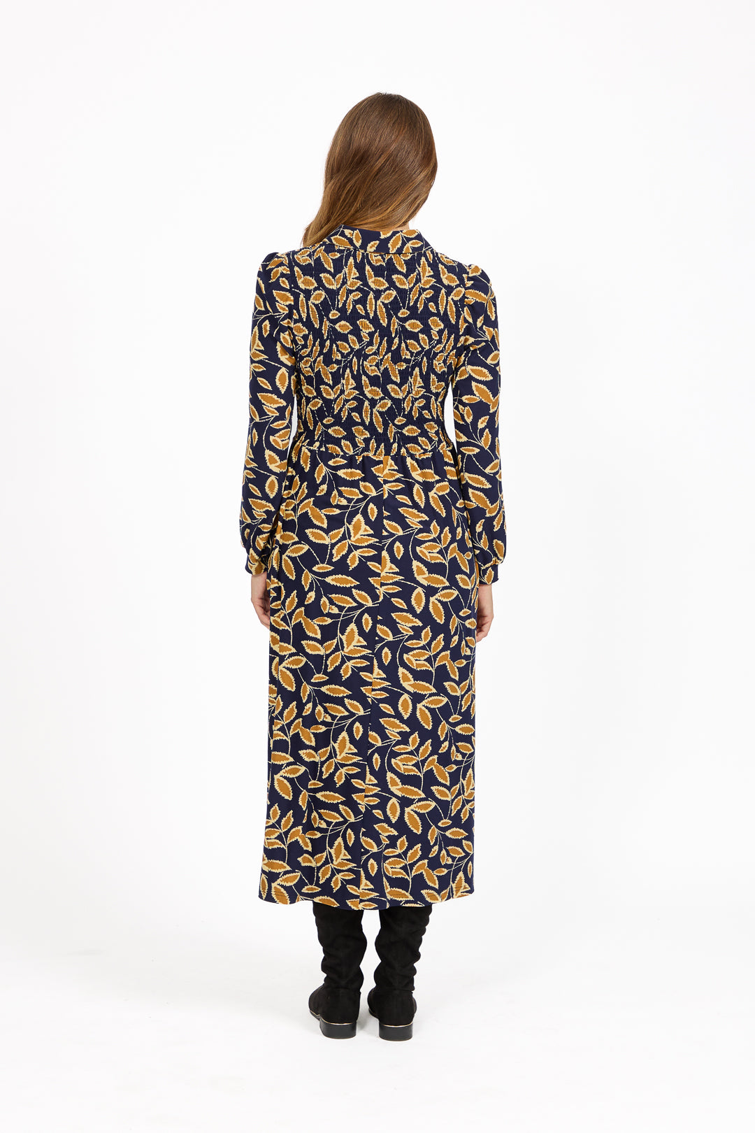 Leaf Print Soft Touch Shirred Bodice Button-Up Midi Dress