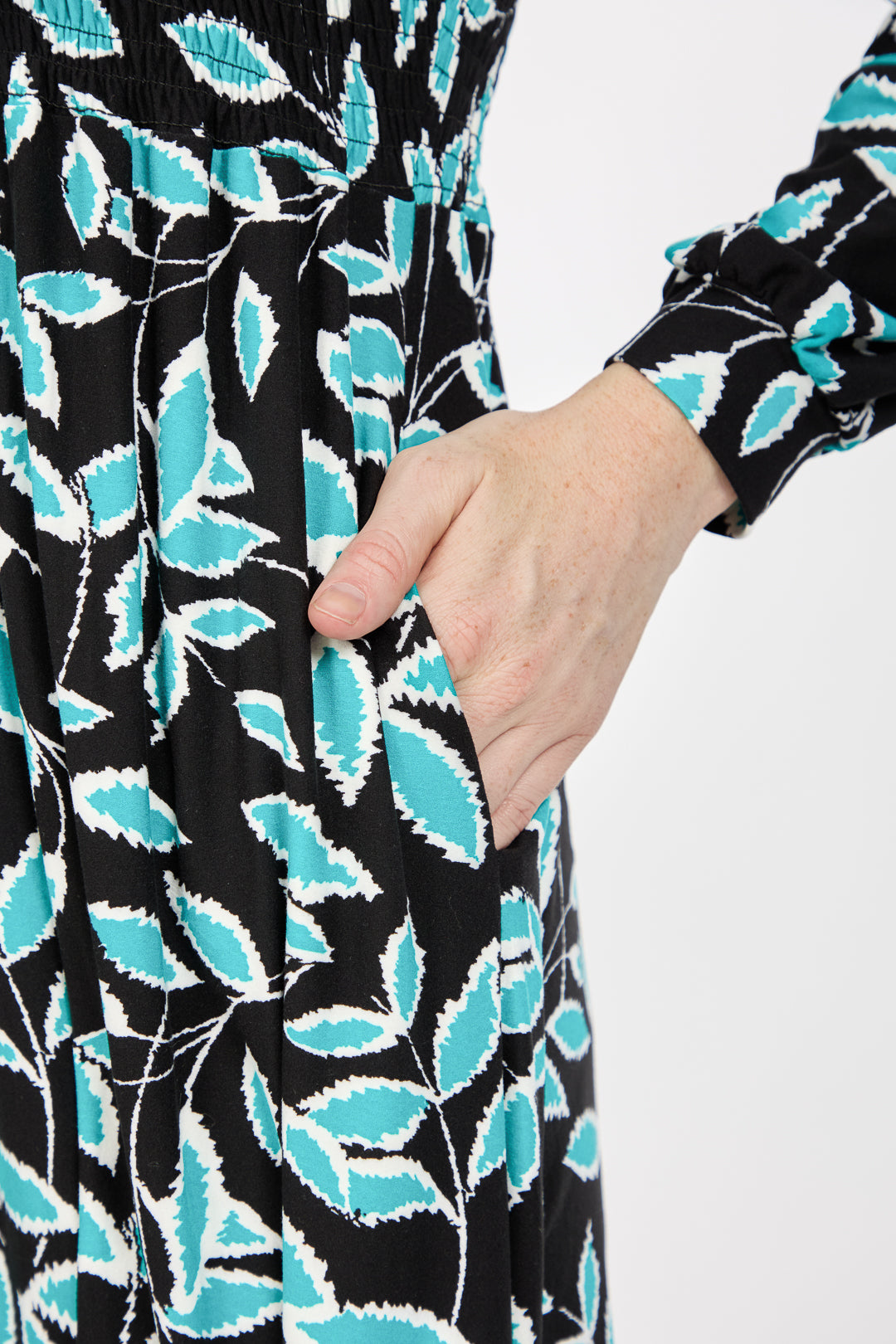 Leaf Print Soft Touch Shirred Bodice Button-Up Midi Dress