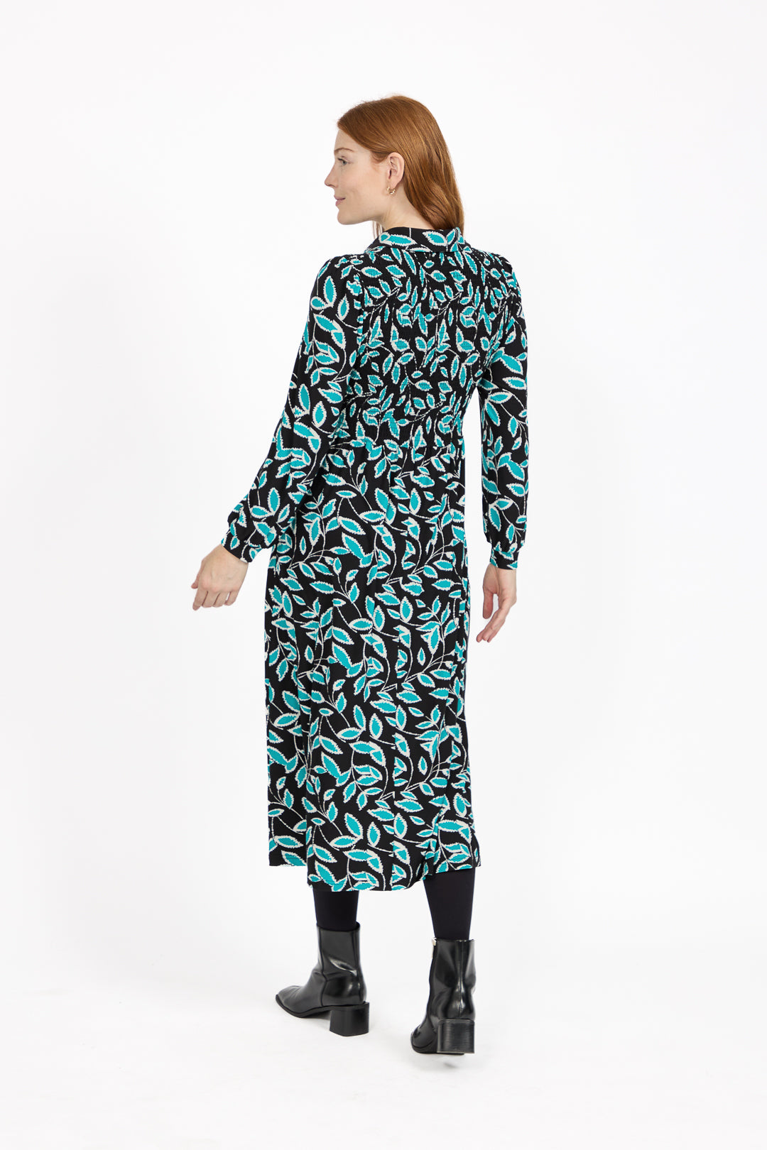 Leaf Print Soft Touch Shirred Bodice Button-Up Midi Dress