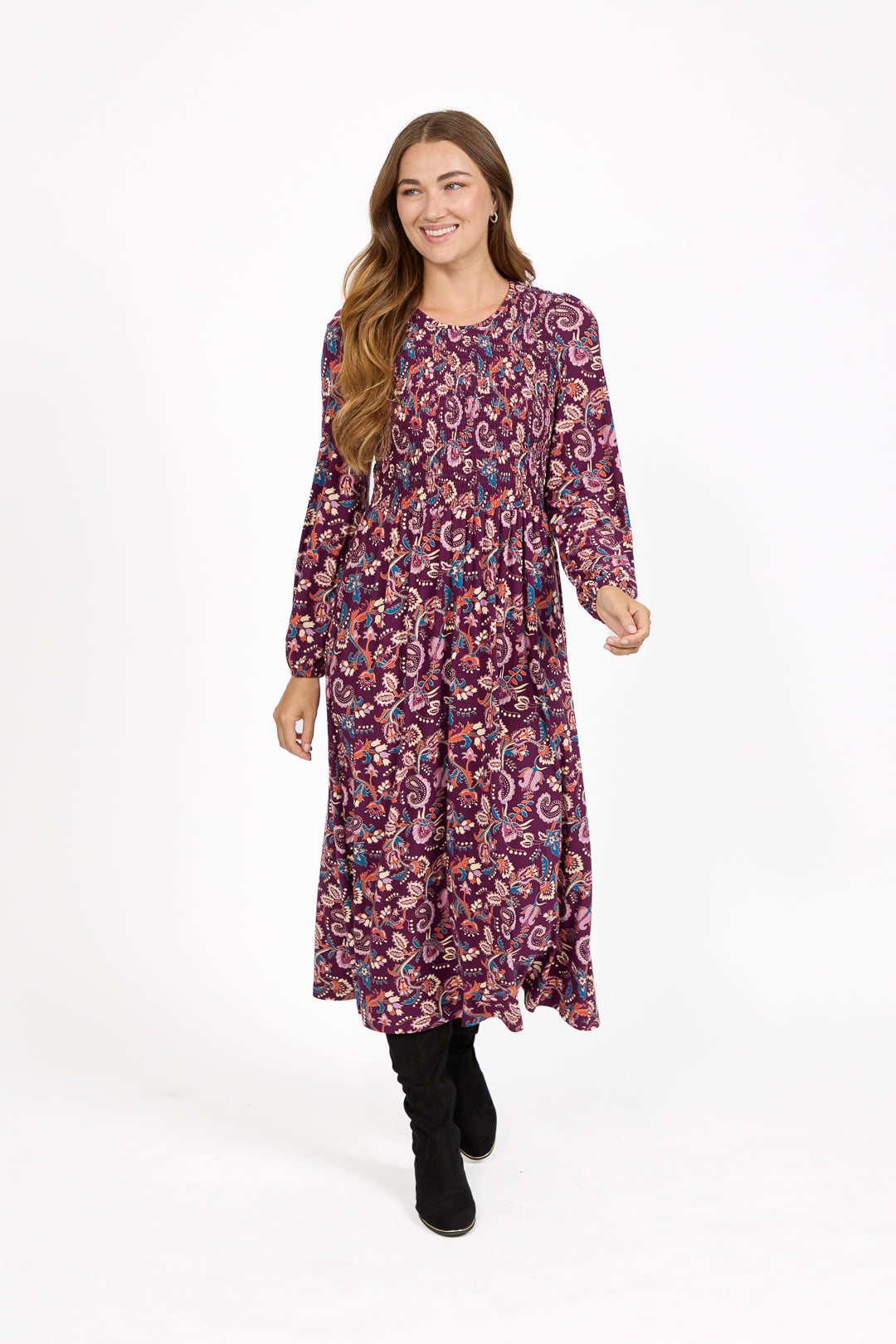 Paisley Print Shirred Soft Touch Bodice Midi Dress
