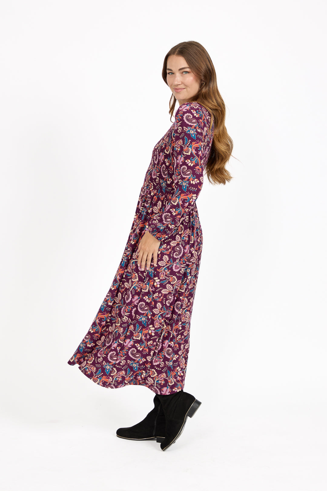 Paisley Print Shirred Soft Touch Bodice Midi Dress