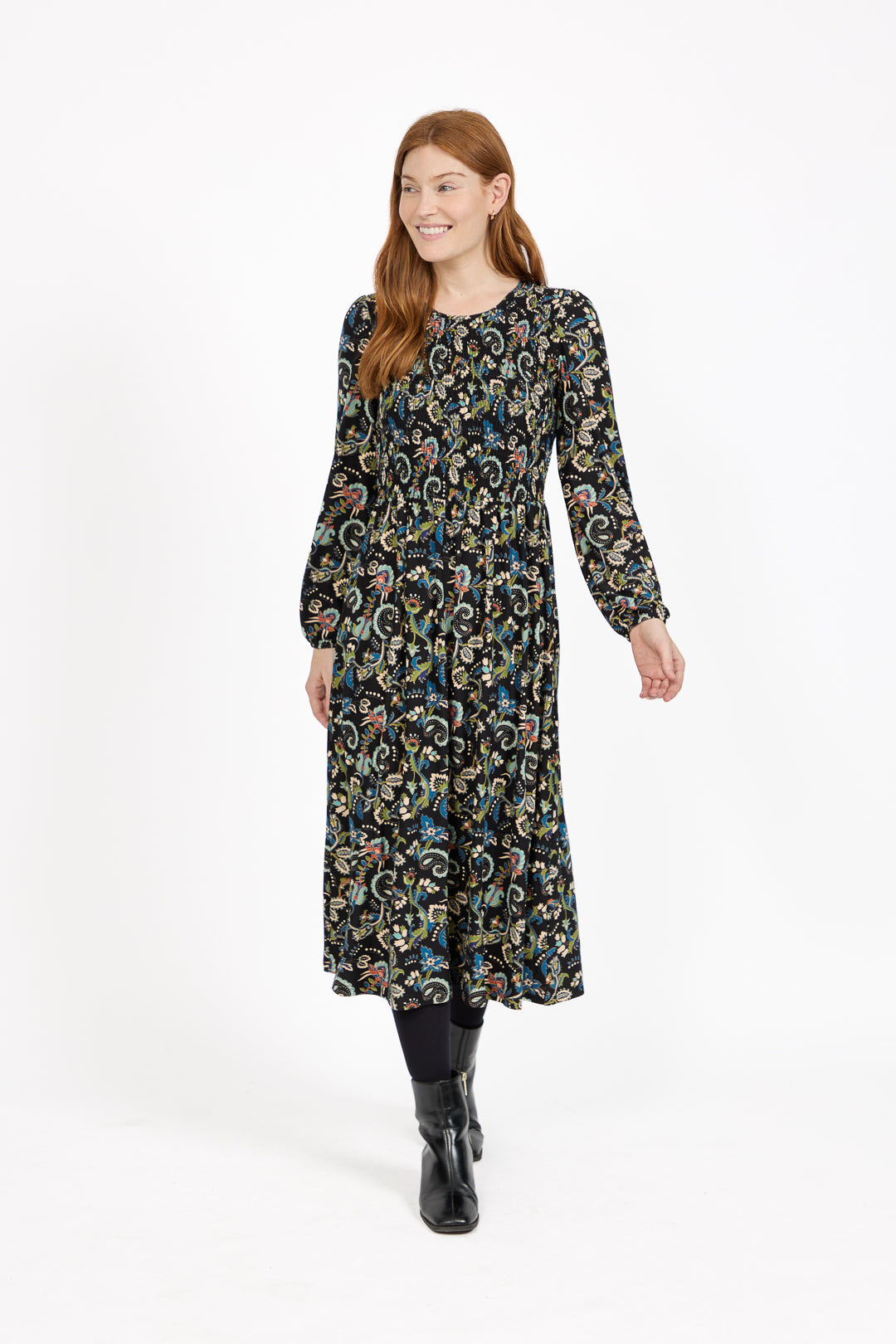Paisley Print Shirred Soft Touch Bodice Midi Dress