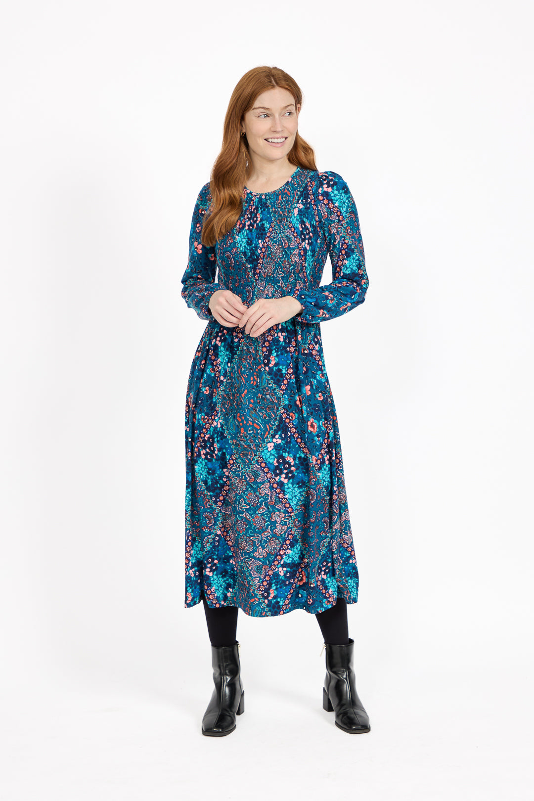 Floral Print Shirred Soft Touch Bodice Midi Dress