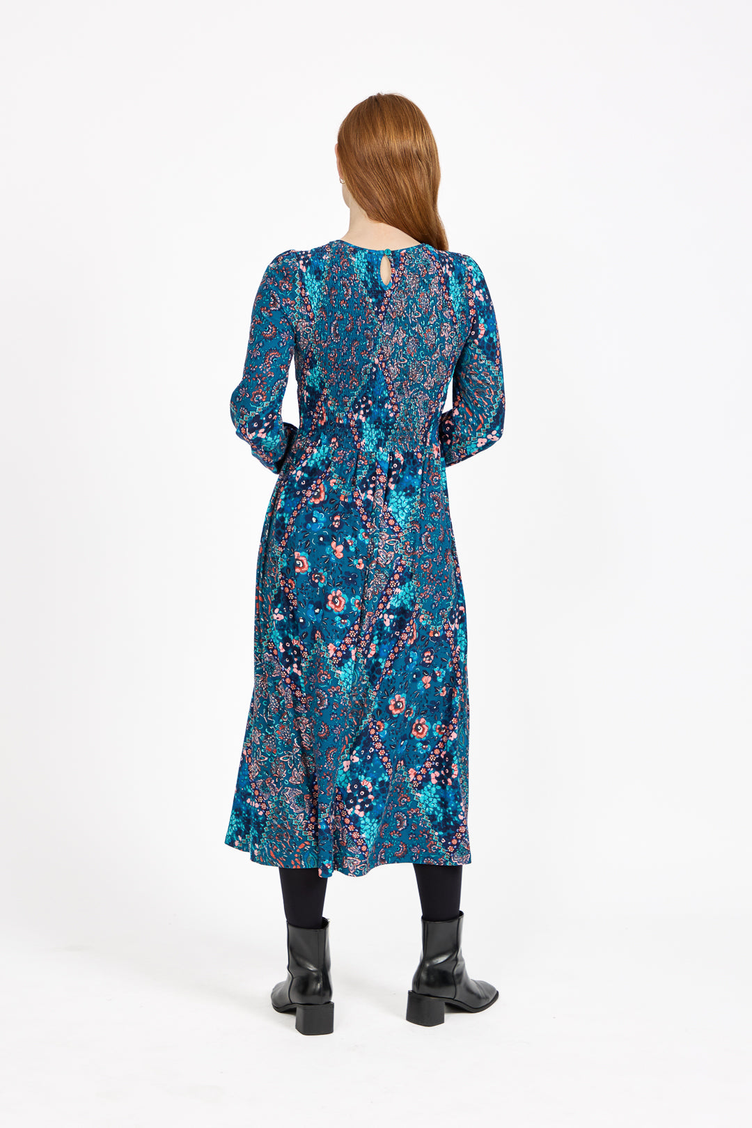 Floral Print Shirred Soft Touch Bodice Midi Dress