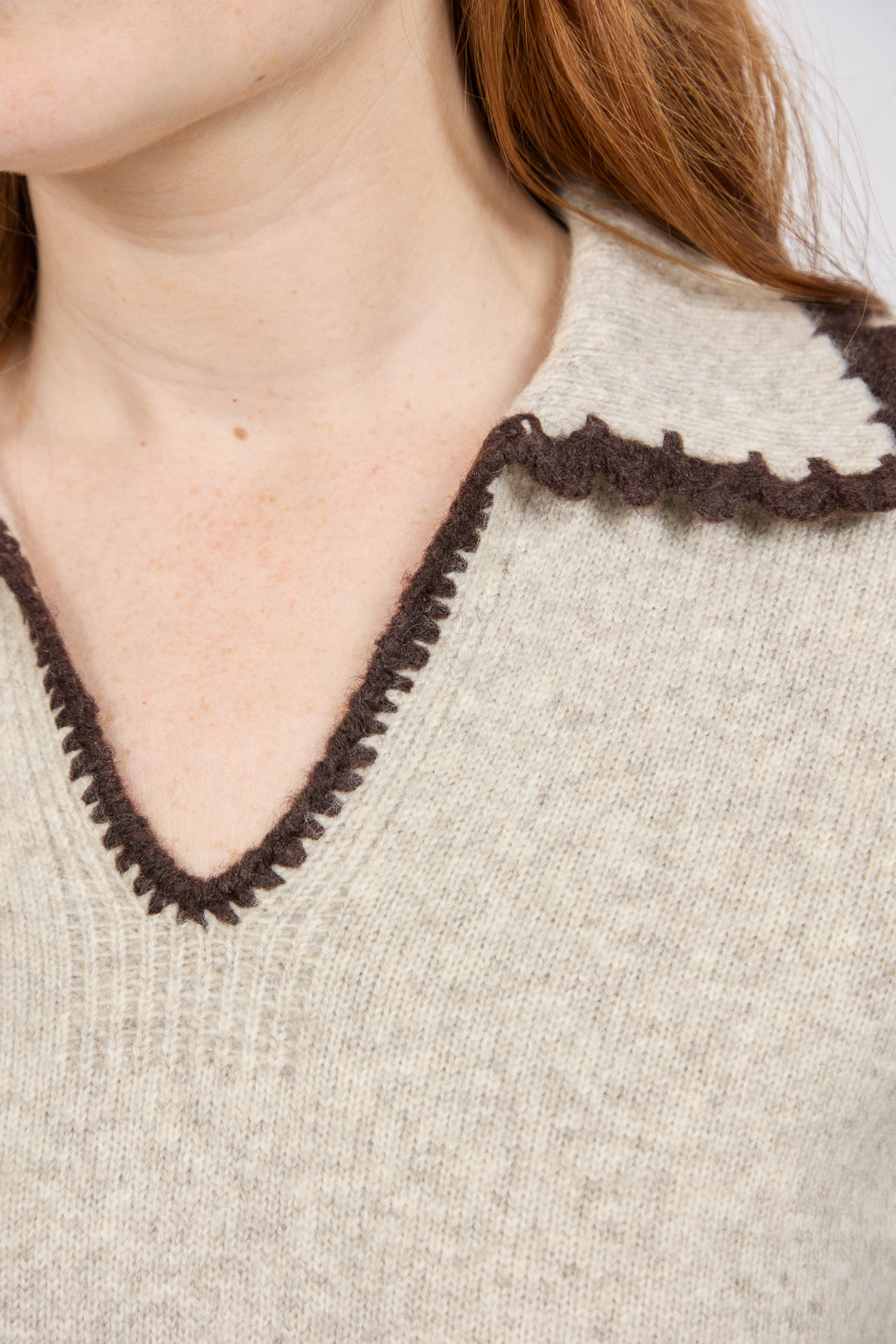 Crochet Trim Collared Stripe Knit Jumper