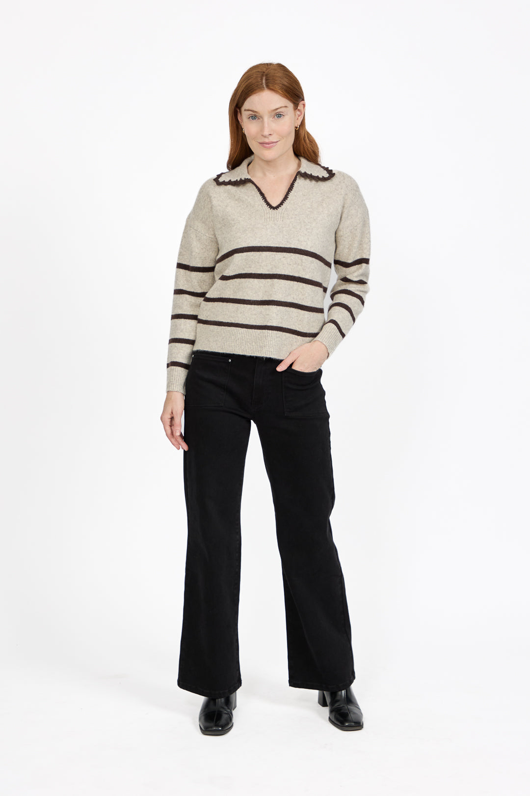 Crochet Trim Collared Stripe Knit Jumper