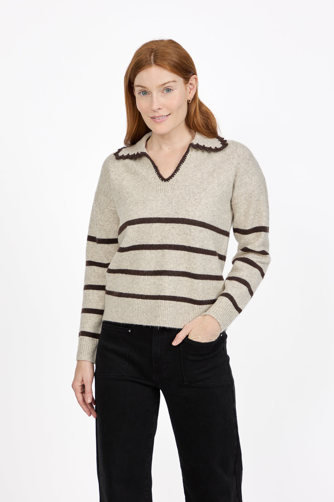 Crochet Trim Collared Stripe Knit Jumper