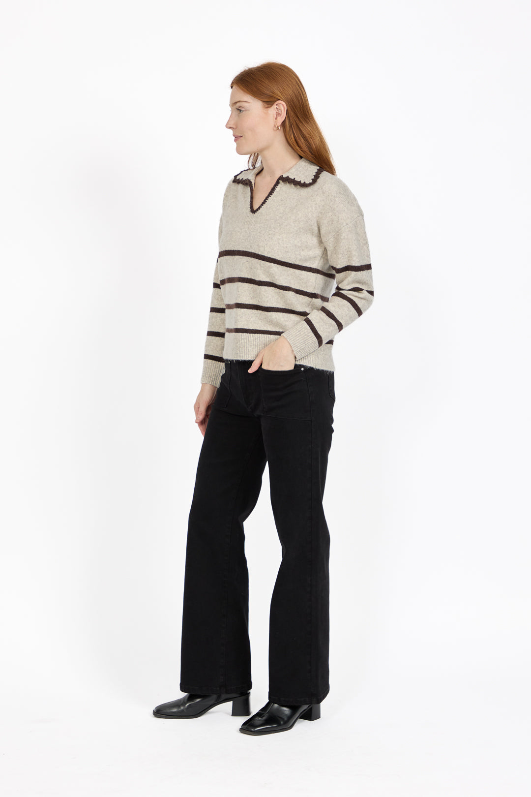 Crochet Trim Collared Stripe Knit Jumper