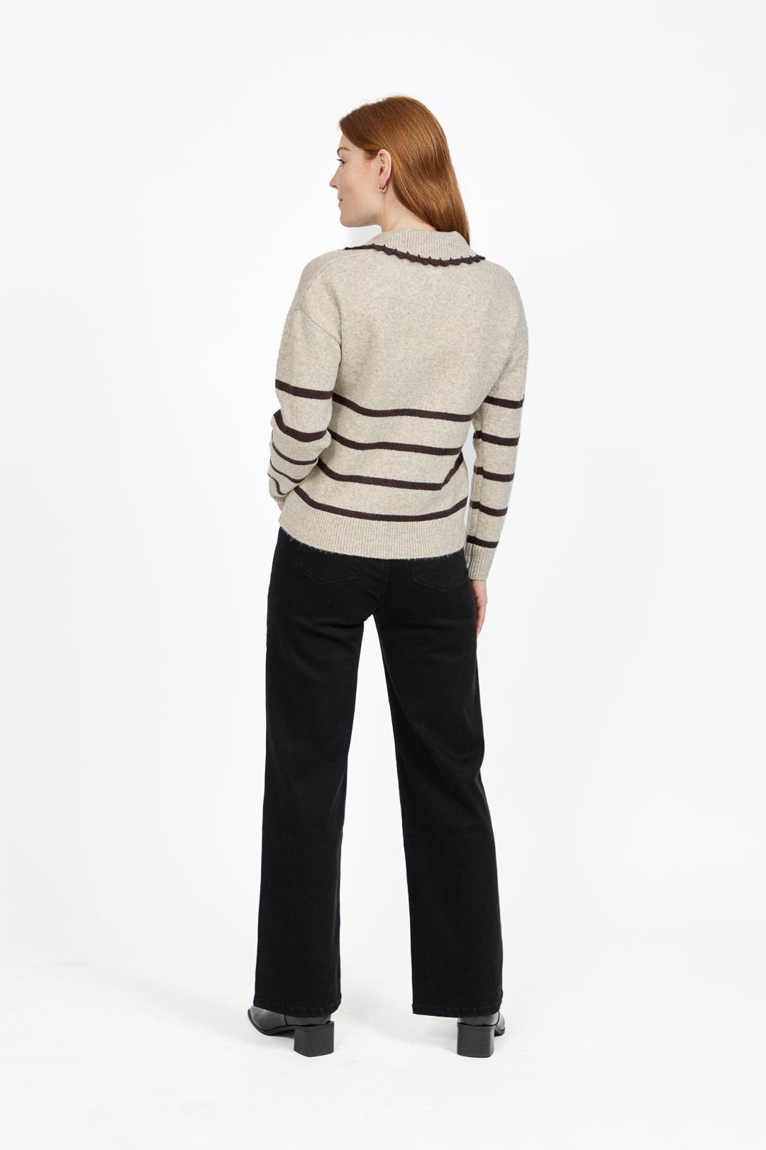 Crochet Trim Collared Stripe Knit Jumper