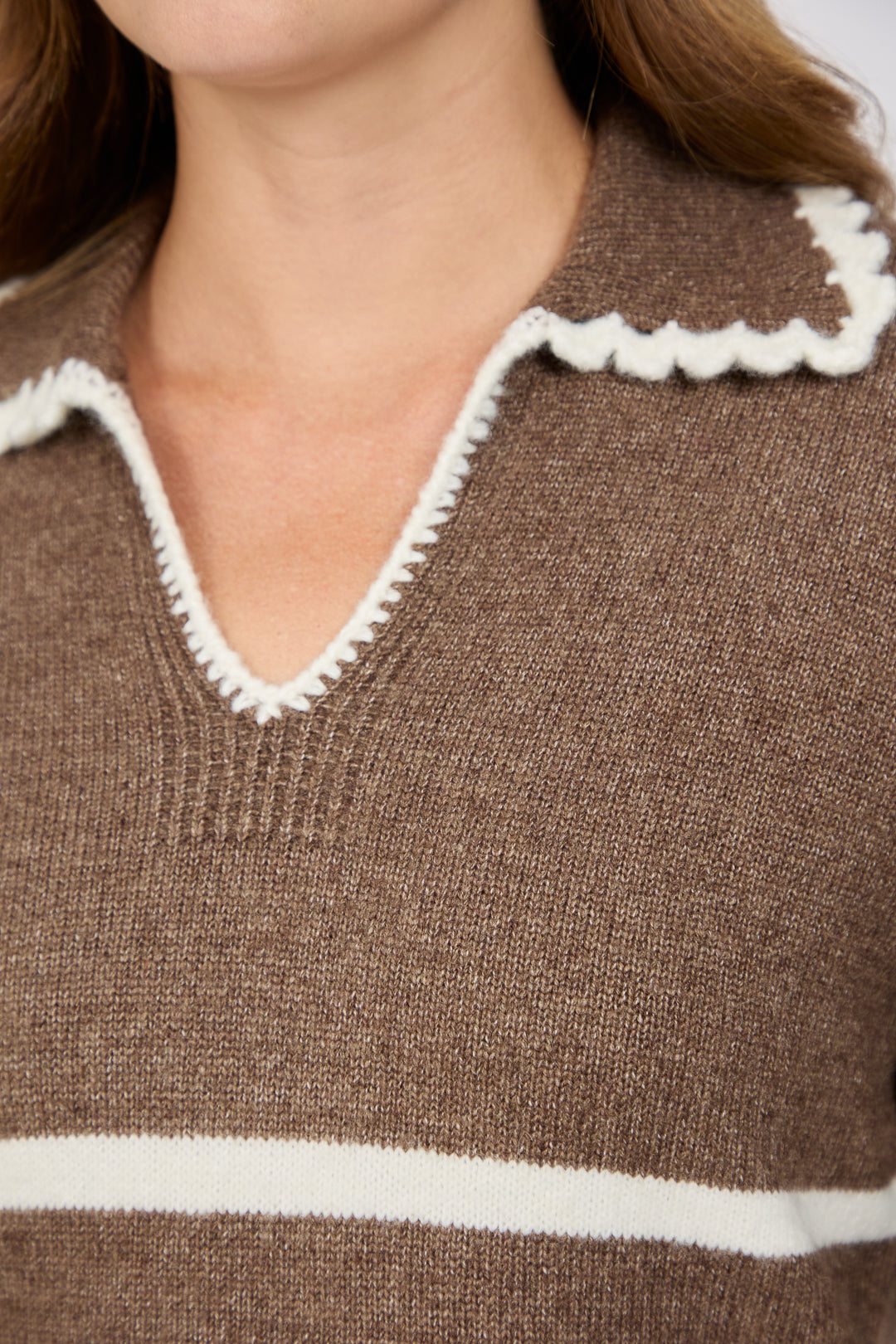 Crochet Trim Collared Stripe Knit Jumper
