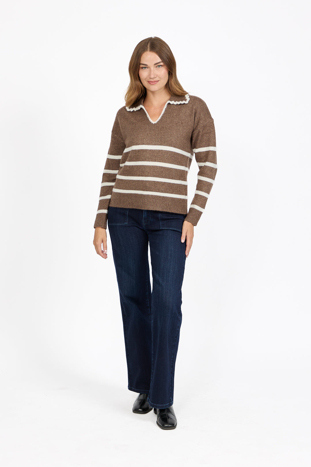 Crochet Trim Collared Stripe Knit Jumper