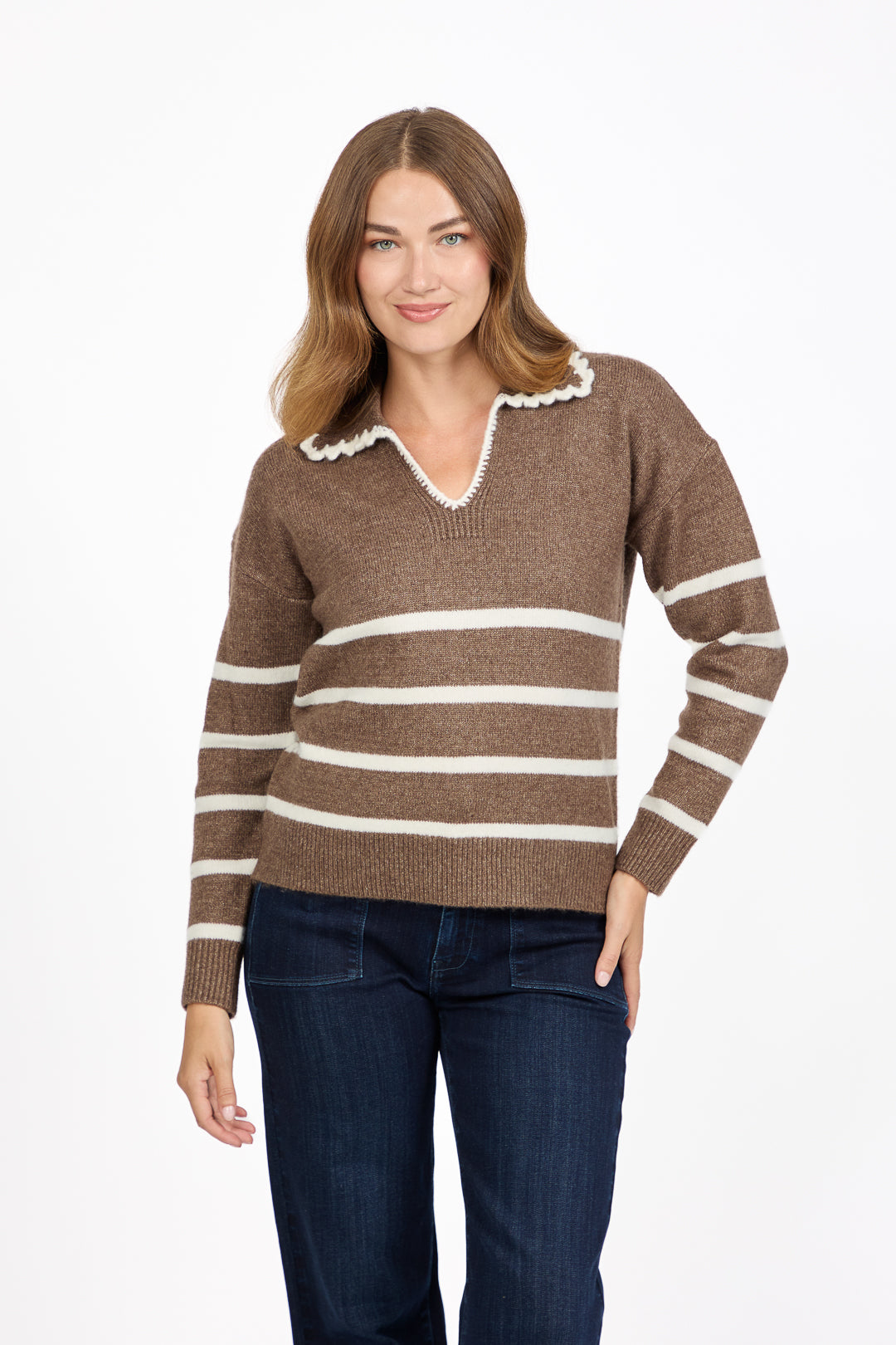 Crochet Trim Collared Stripe Knit Jumper