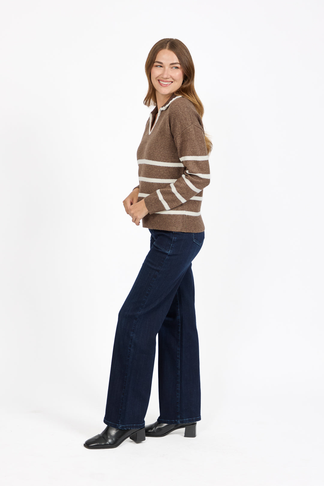 Crochet Trim Collared Stripe Knit Jumper