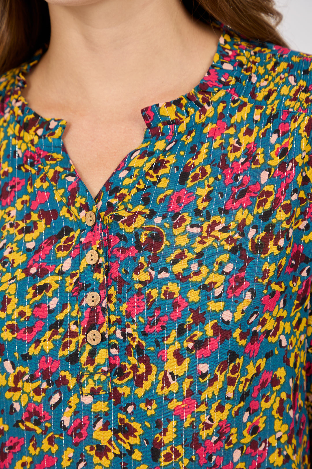 Floral Printed Button-Up Blouse with Ruffle Detailing