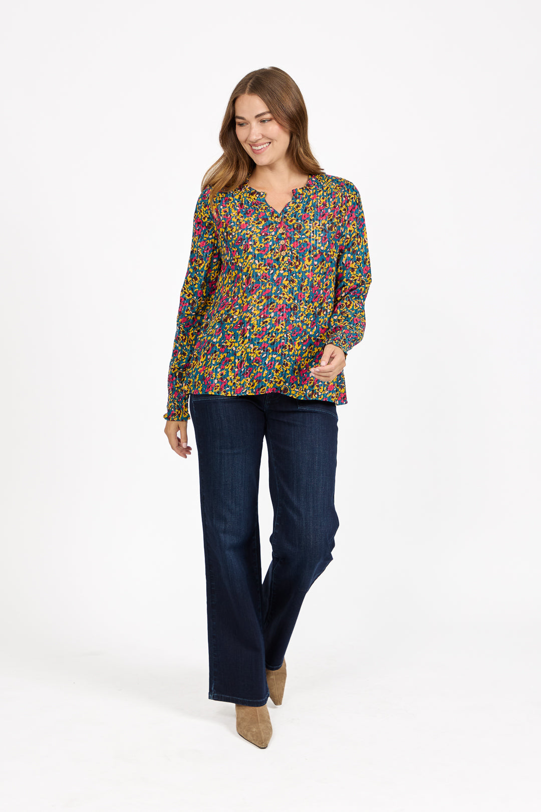 Floral Printed Button-Up Blouse with Ruffle Detailing