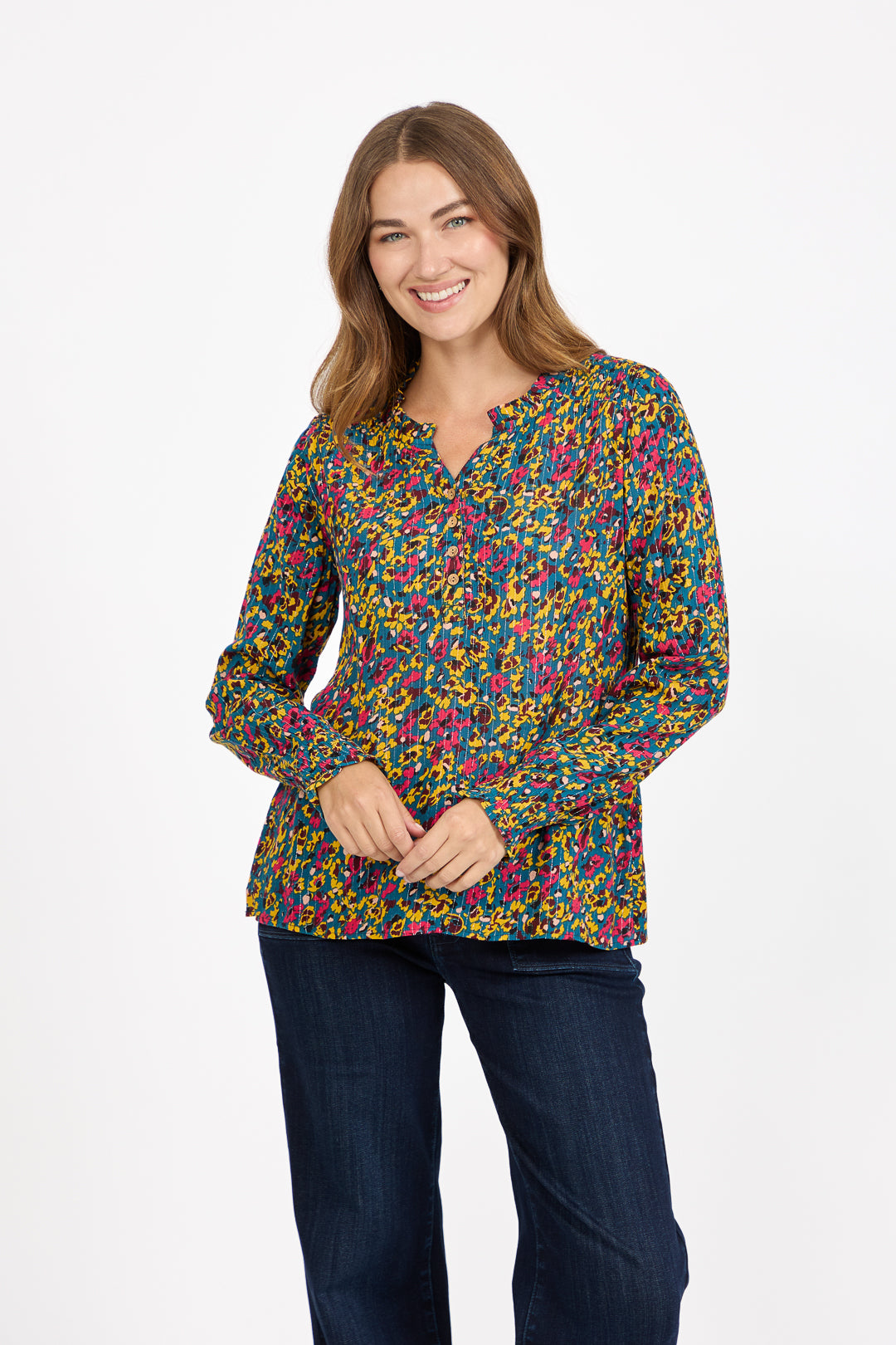 Floral Printed Button-Up Blouse with Ruffle Detailing