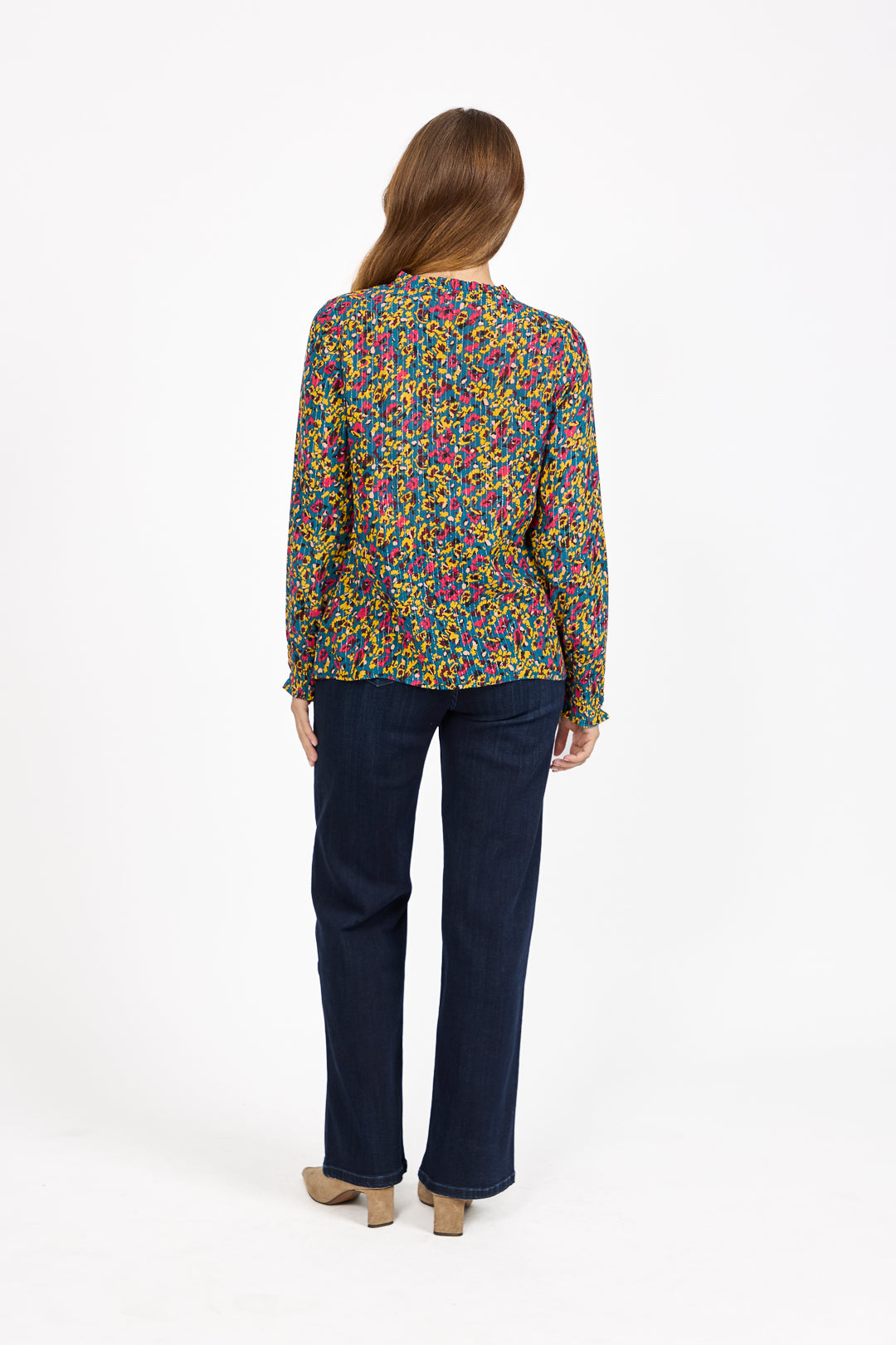 Floral Printed Button-Up Blouse with Ruffle Detailing