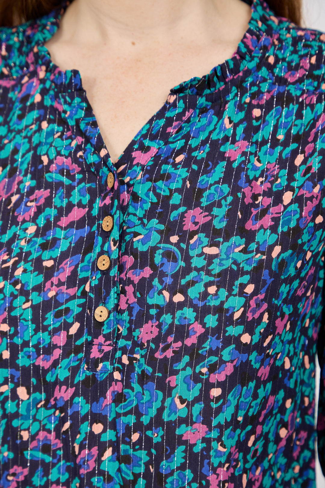 Floral Printed Button-Up Blouse with Ruffle Detailing