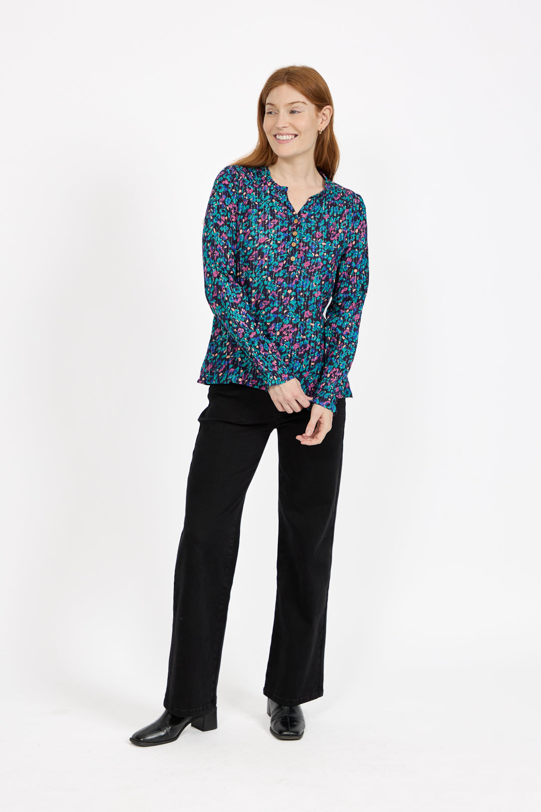 Floral Printed Button-Up Blouse with Ruffle Detailing