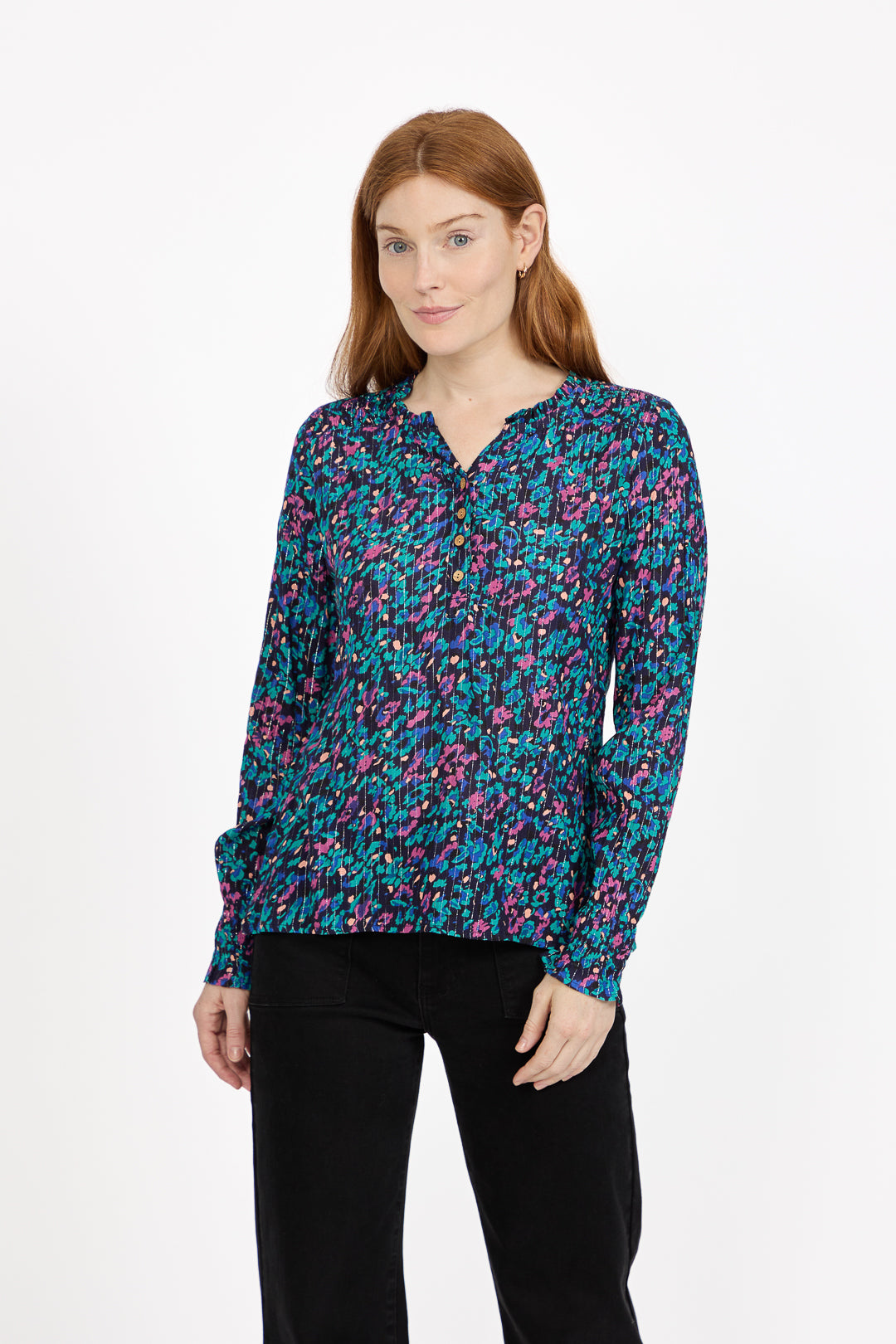 Floral Printed Button-Up Blouse with Ruffle Detailing
