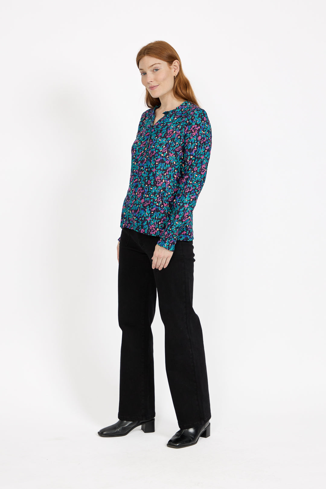 Floral Printed Button-Up Blouse with Ruffle Detailing