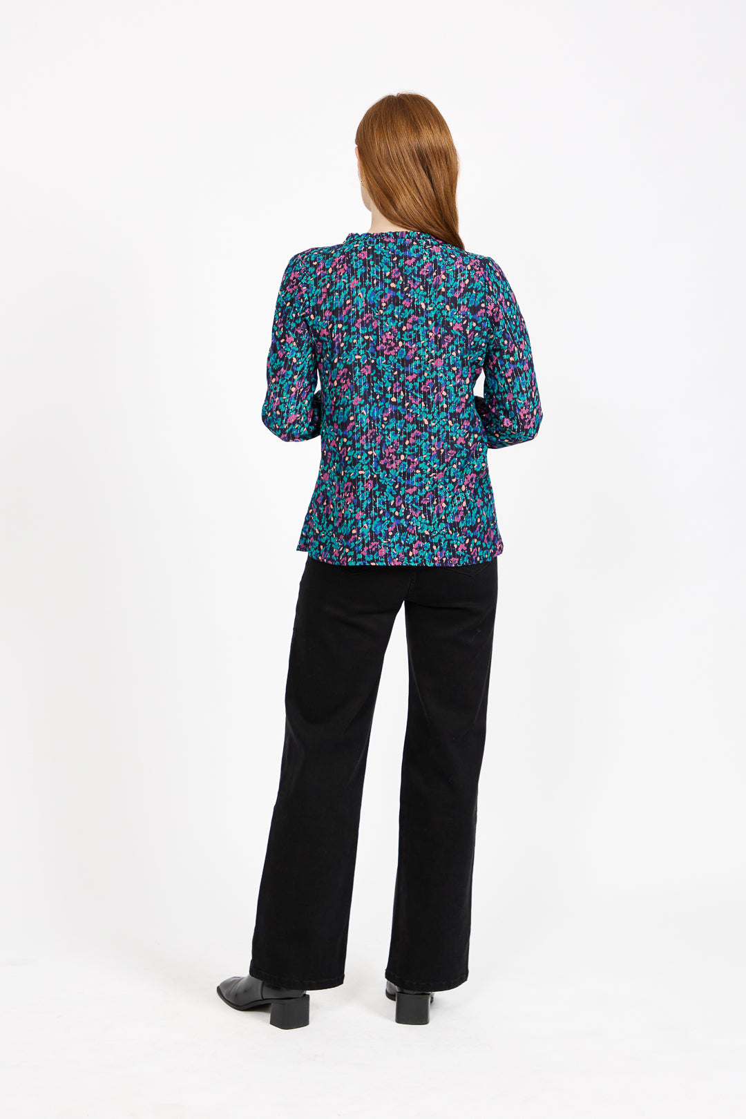 Floral Printed Button-Up Blouse with Ruffle Detailing