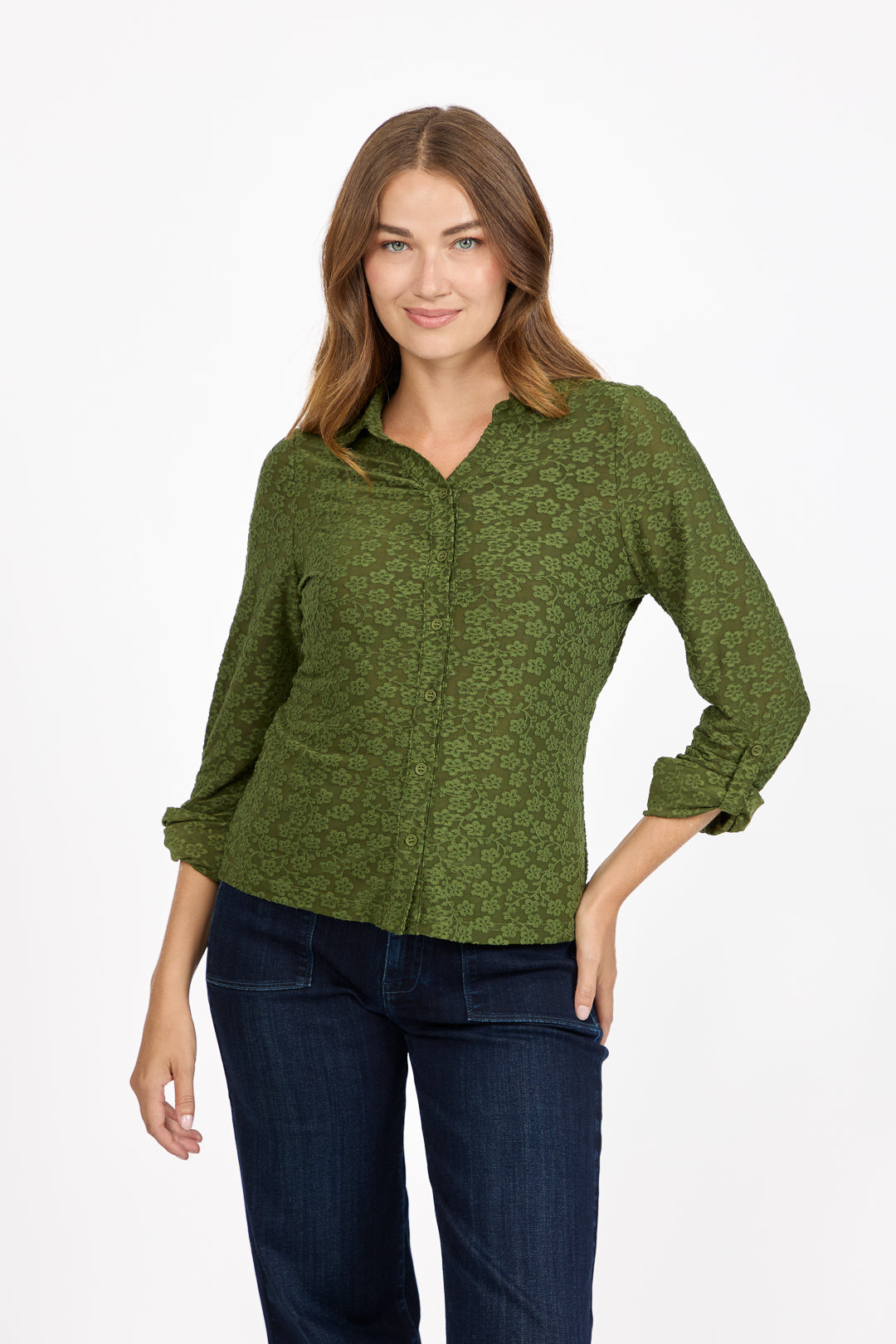 Floral Lace Full-Sleeve Stretch Shirt Blouse
