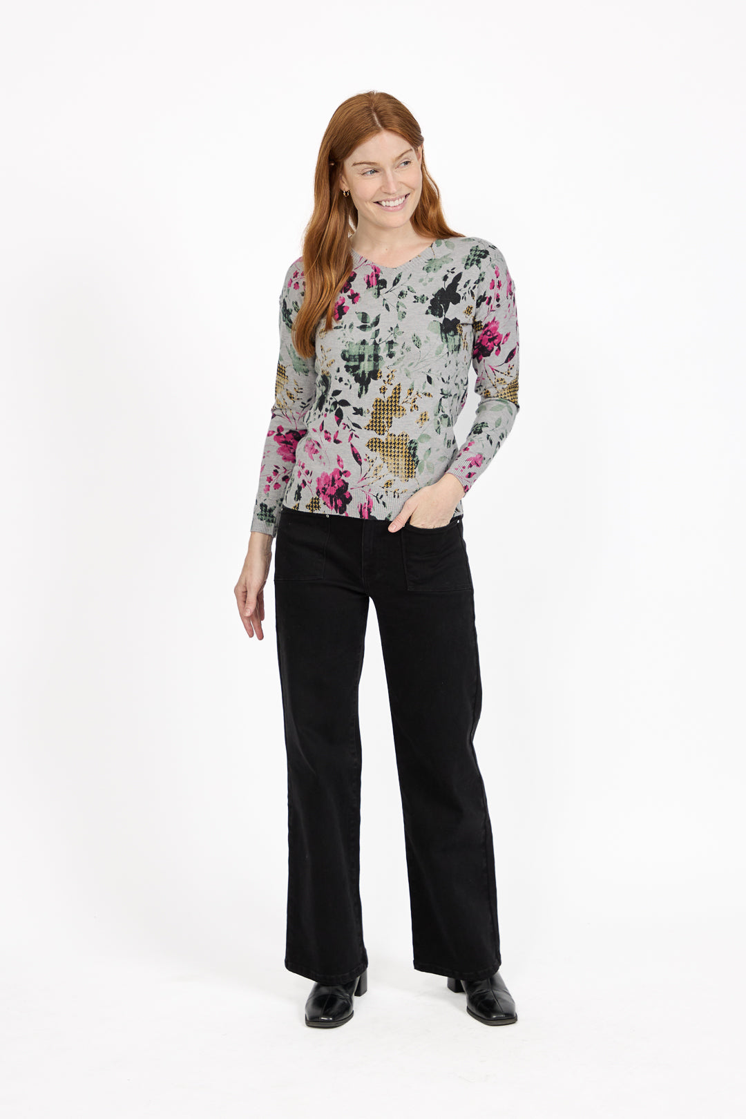 Floral Print V-Neck Lightweight Knit Jumper