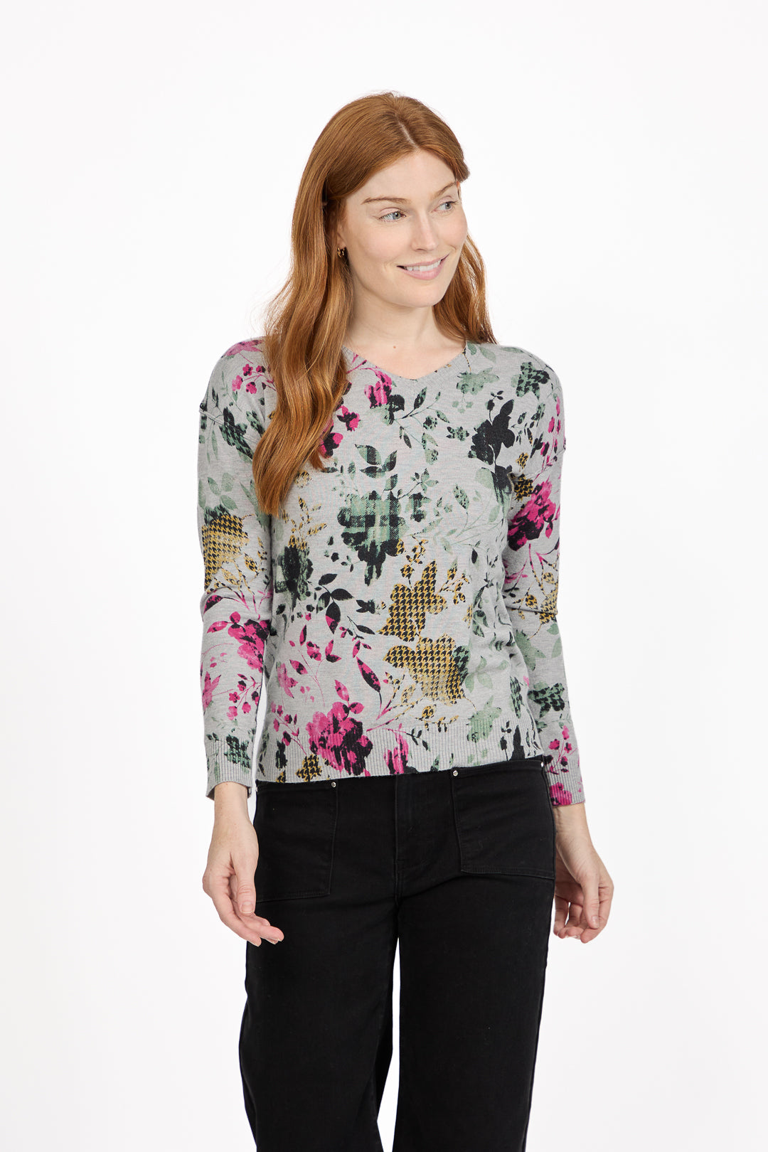 Floral Print V-Neck Lightweight Knit Jumper