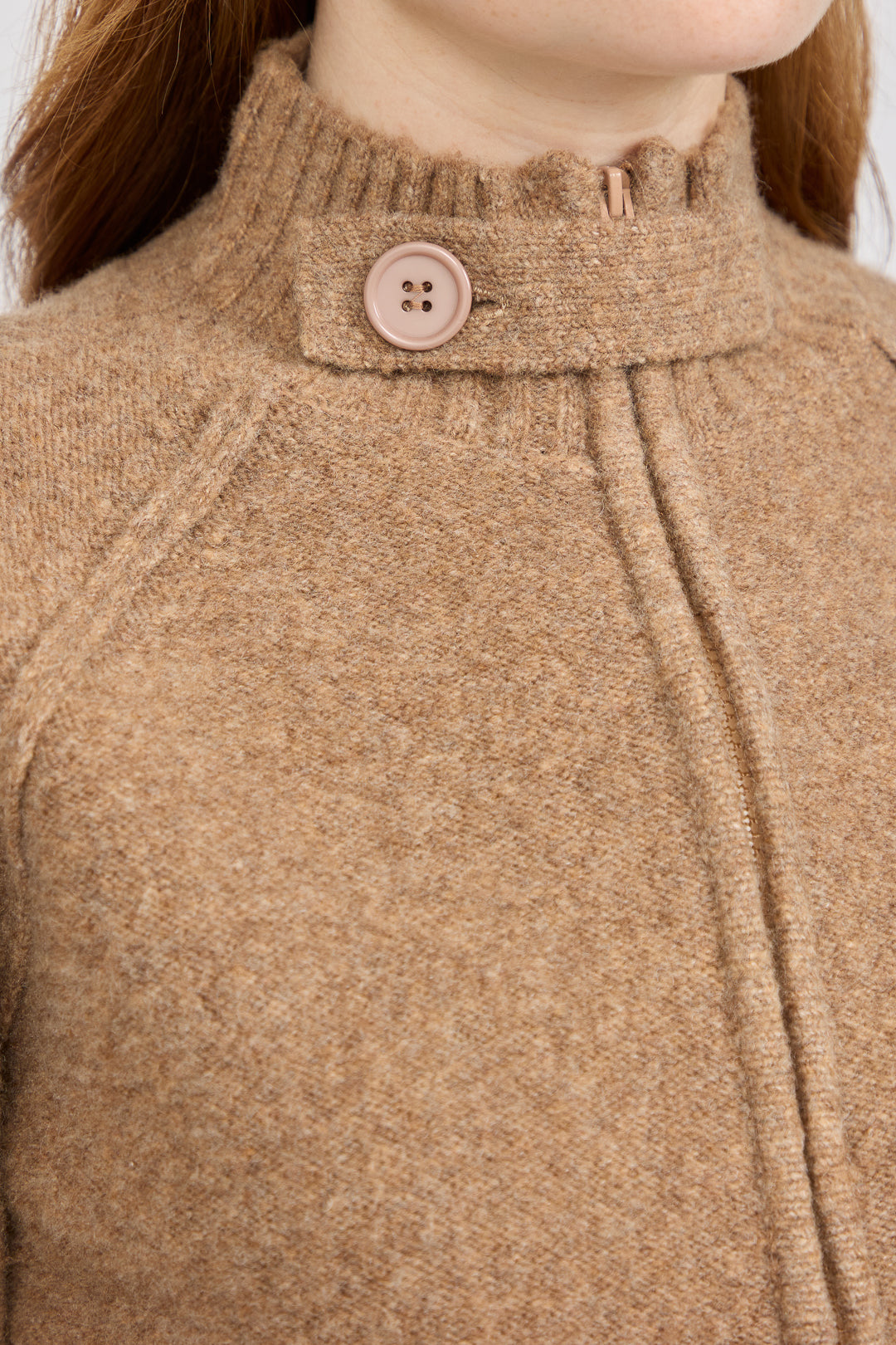 Button Tab Collar Zip-Up Knit Cardigan with Pockets