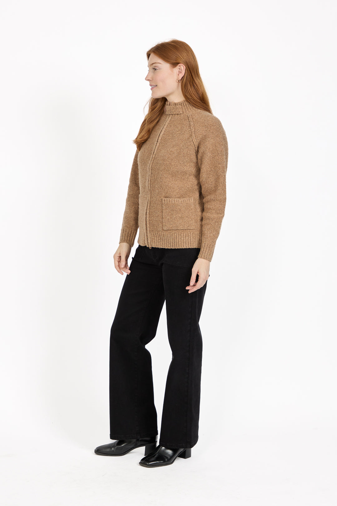 Button Tab Collar Zip-Up Knit Cardigan with Pockets