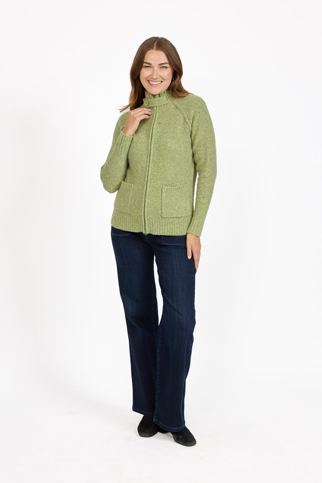 Button Tab Collar Zip-Up Knit Cardigan with Pockets