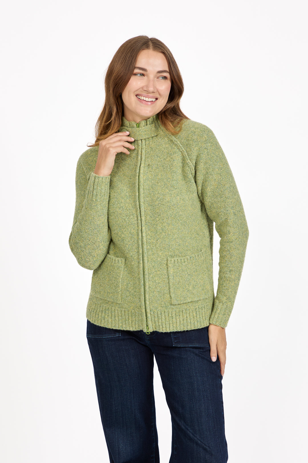 Button Tab Collar Zip-Up Knit Cardigan with Pockets