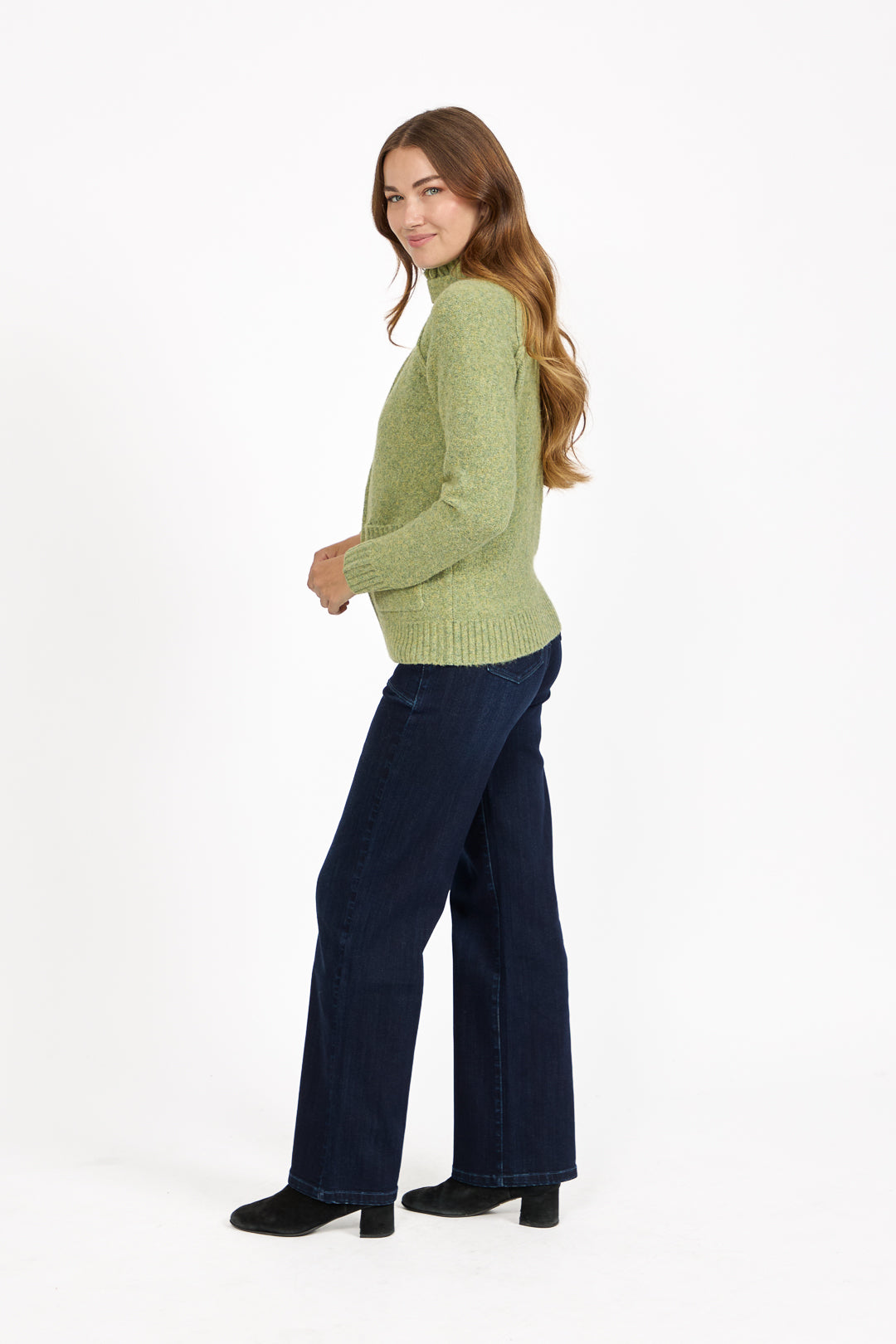 Button Tab Collar Zip-Up Knit Cardigan with Pockets