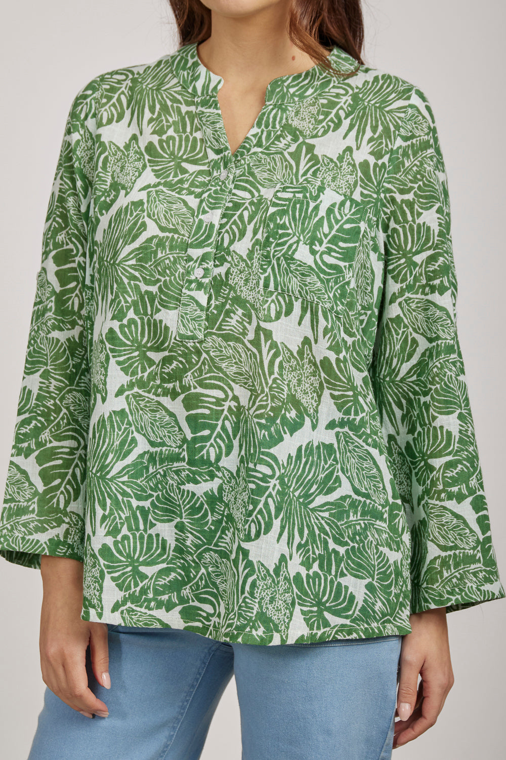 Cotton Slub Palm Leaves Print Shirt
