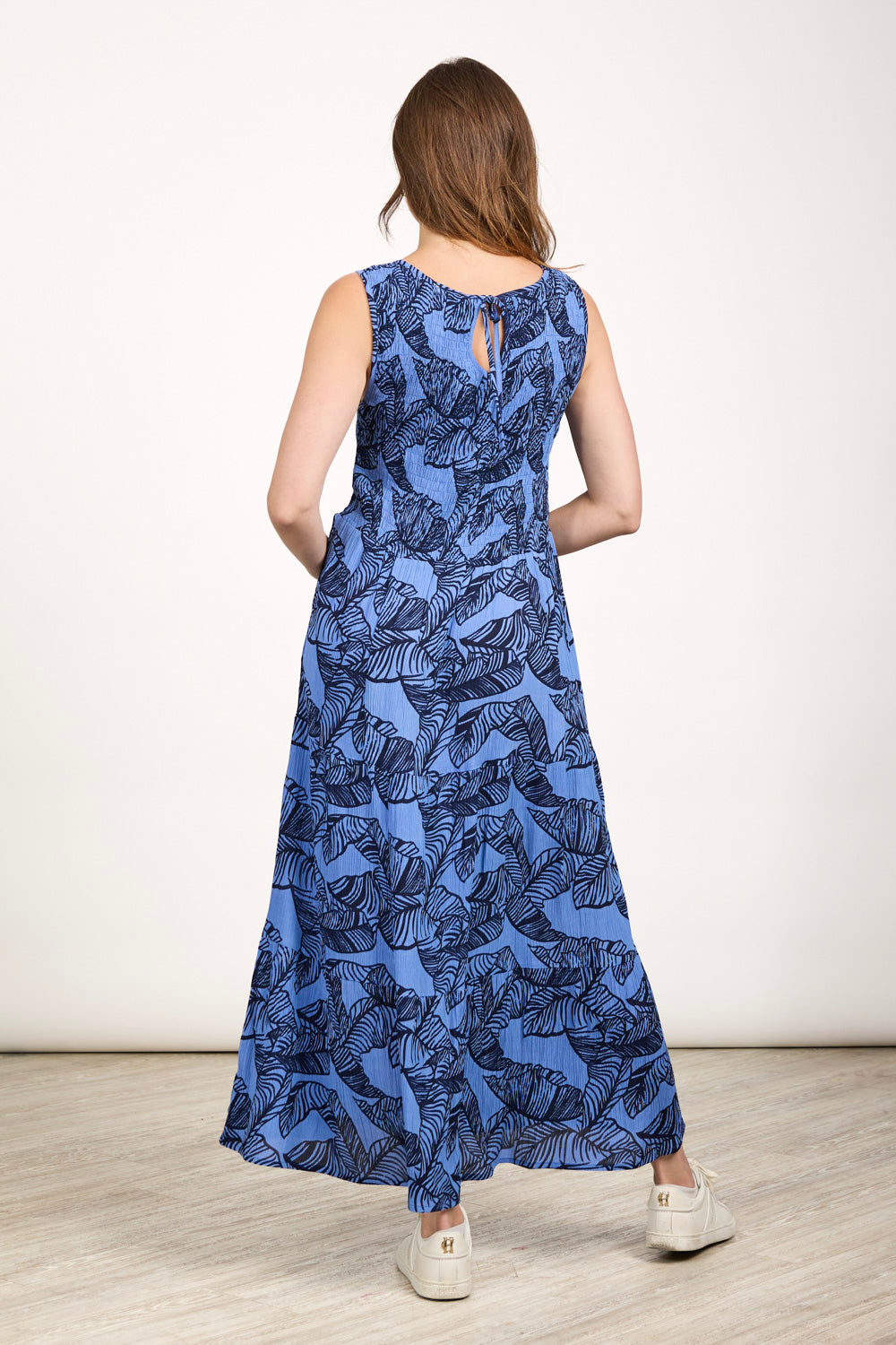 Leaf Print Shirred Bodice Dress
