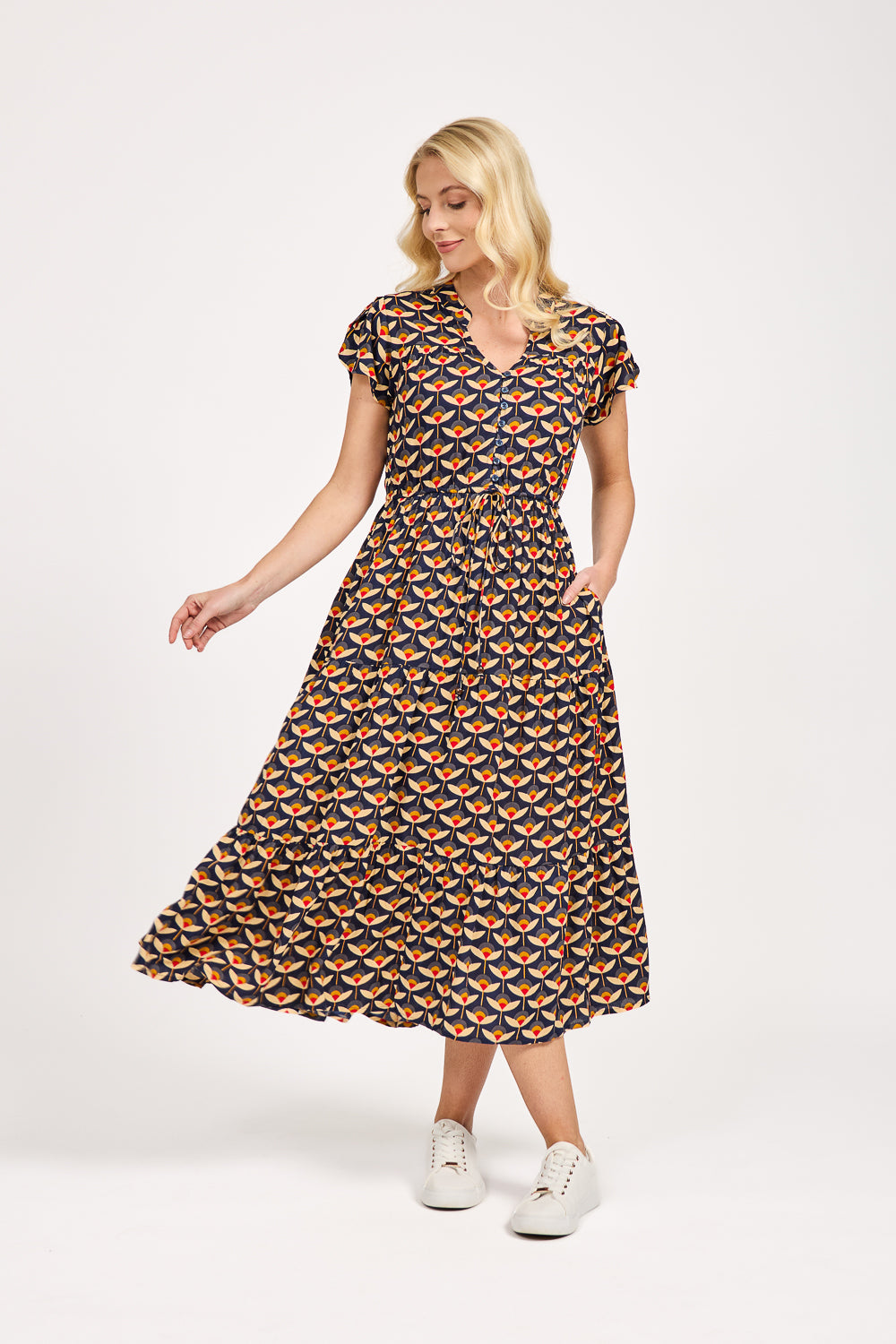 Floral Print Tie Front Midi Dress