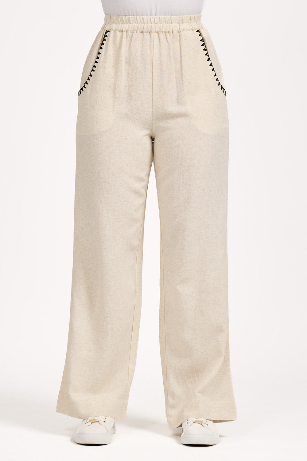 Linen Blend Blanket Stitch Wide Leg Trousers