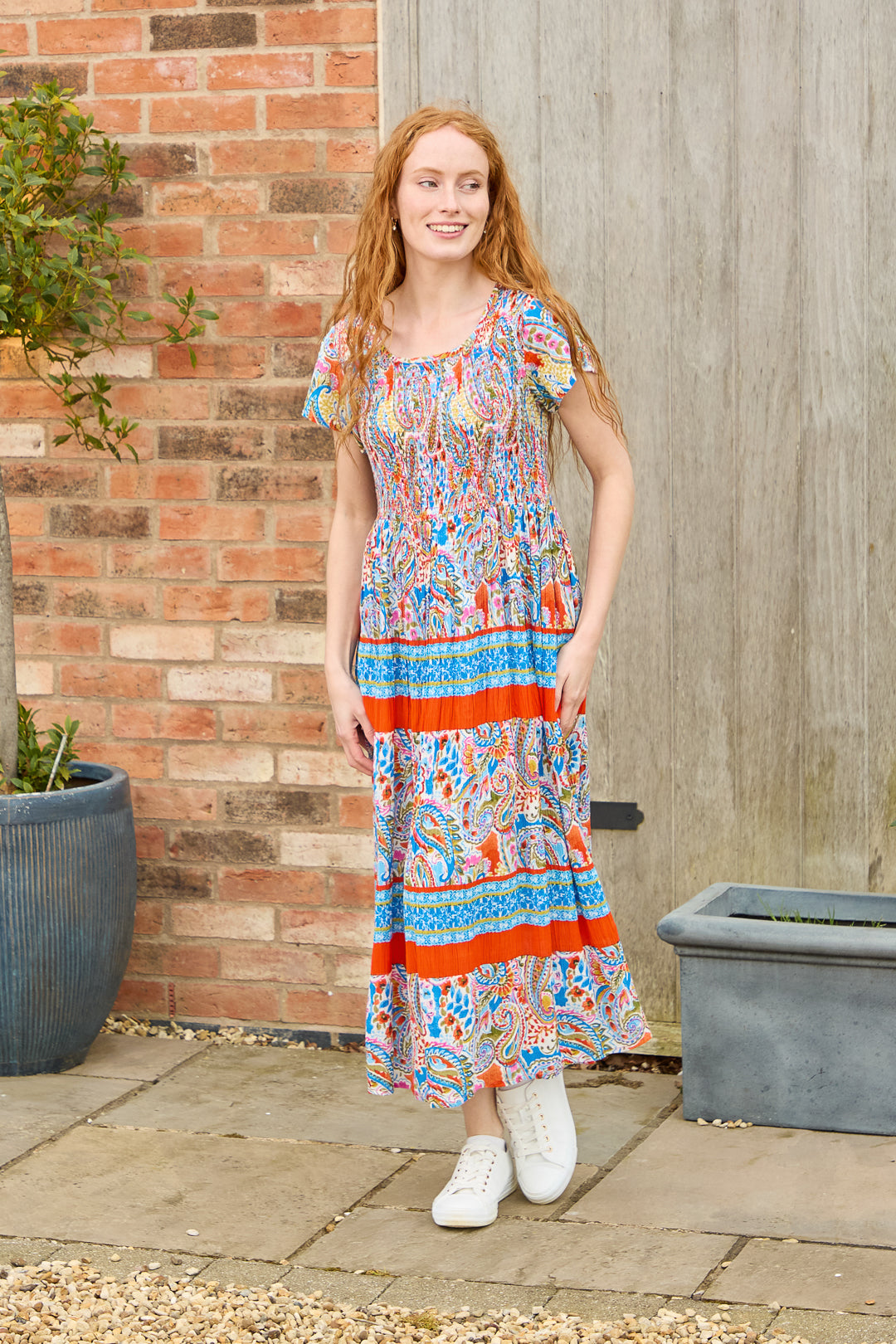 Paisley Border Print Shirred Bodice Midi Dress